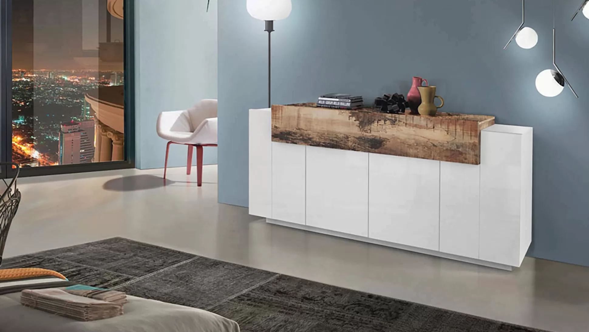 Dmora Credenze<Credenza Discordia, cm 200x45h86, Bianco lucido e Acero
