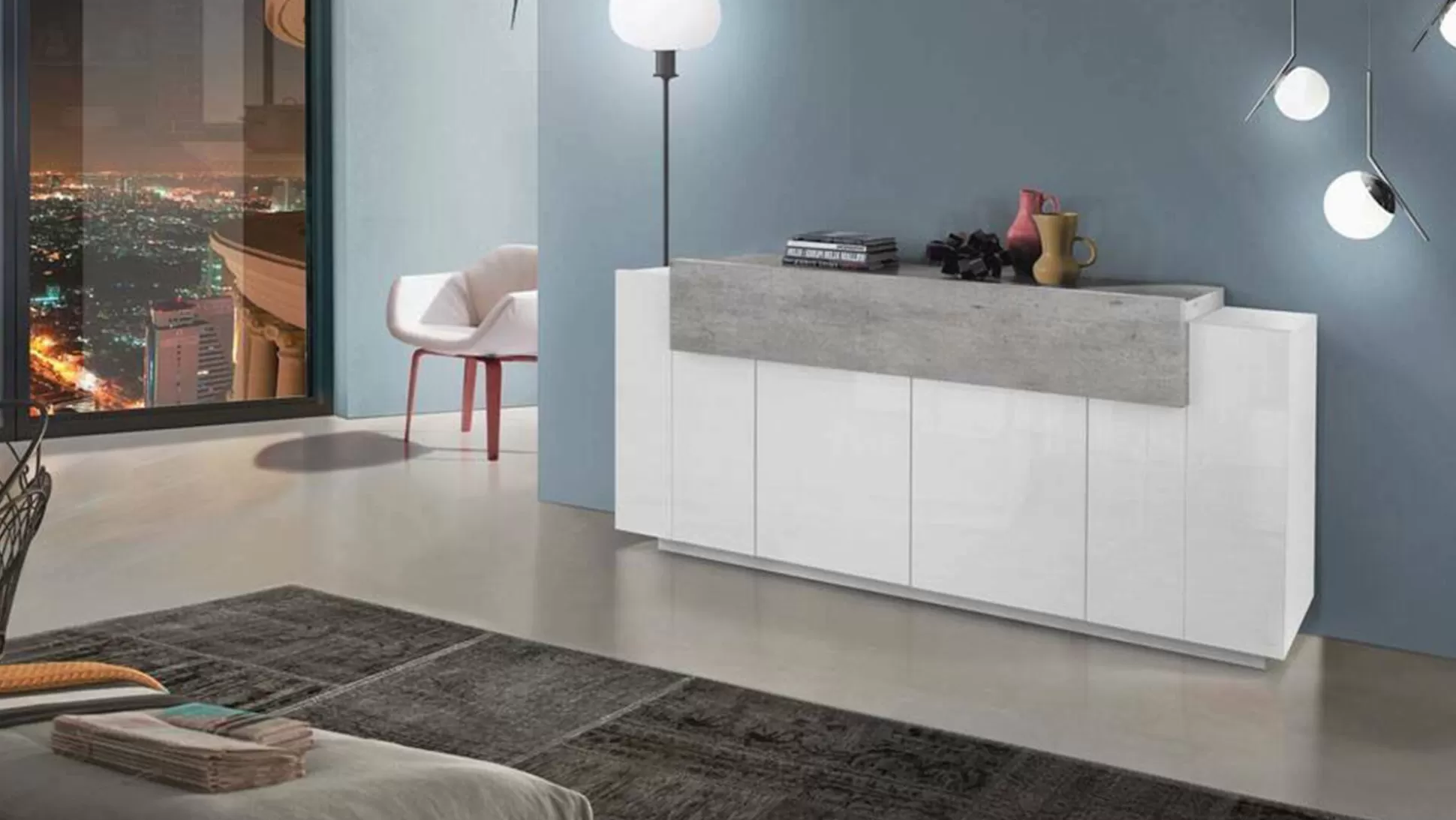 Dmora Credenze<Credenza Discordia, cm 200x45h86, Bianco lucido e Cemento