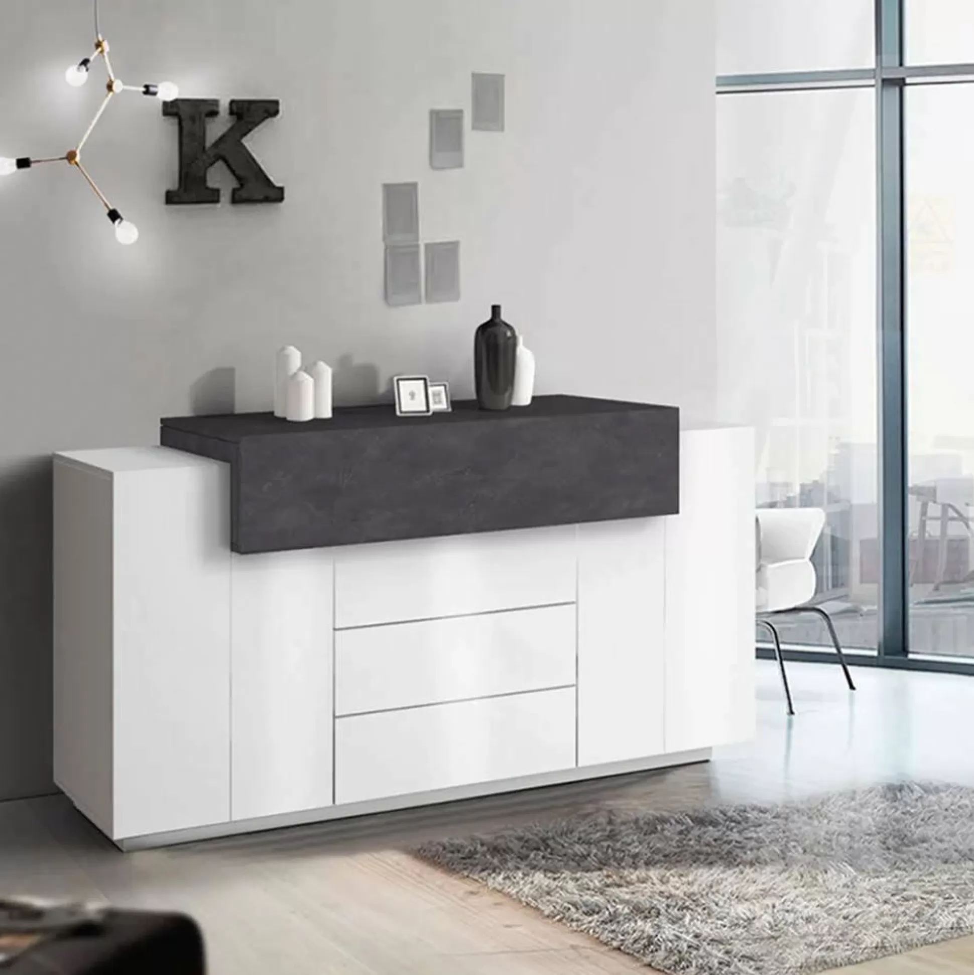 Dmora Credenze<Credenza Dismajl, cm 160x45h86, Bianco lucido e Ardesia