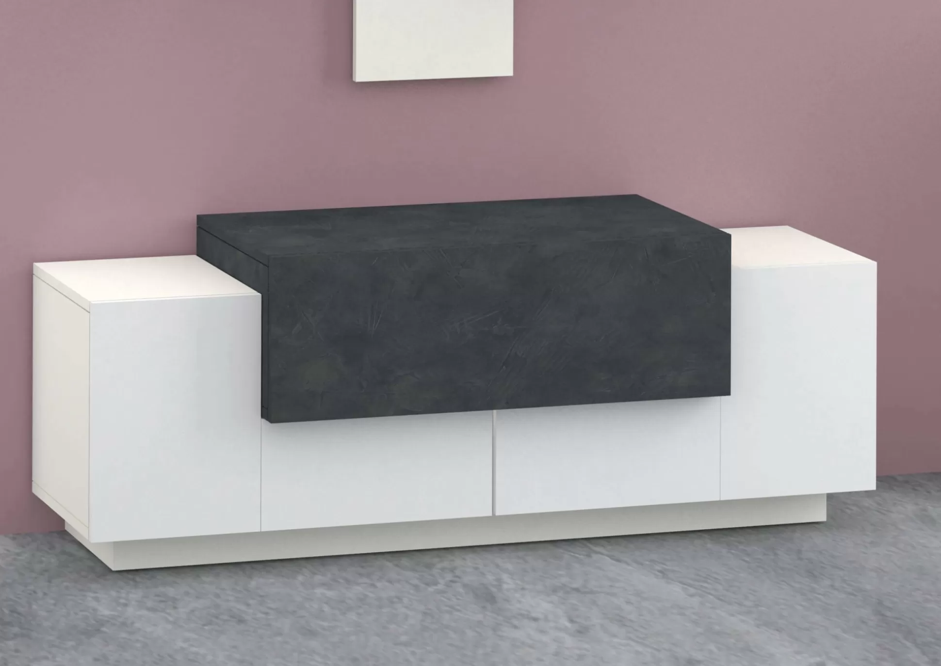 Dmora Credenze<Credenza Djallo, cm 120x45h46, Bianco lucido e Ardesia