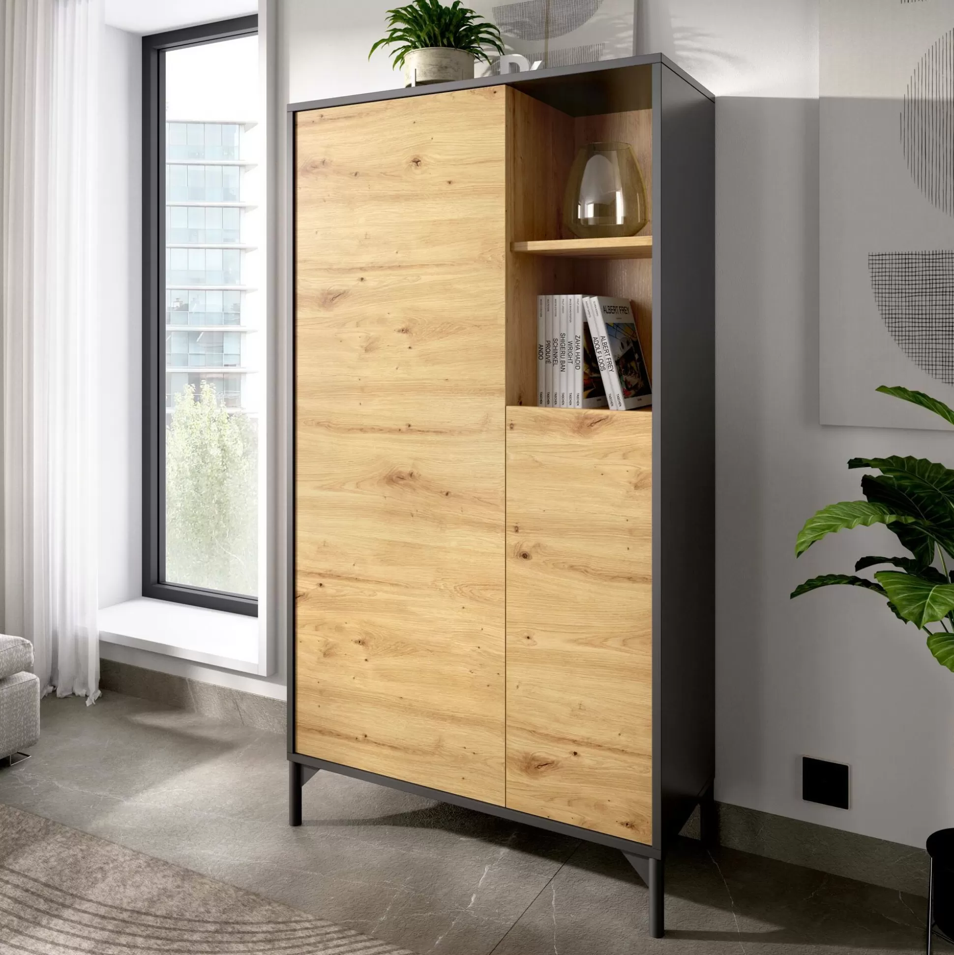 Dmora Credenze<Credenza Dkessi, 72x34h144 cm, Rovere Nodi e Antracite