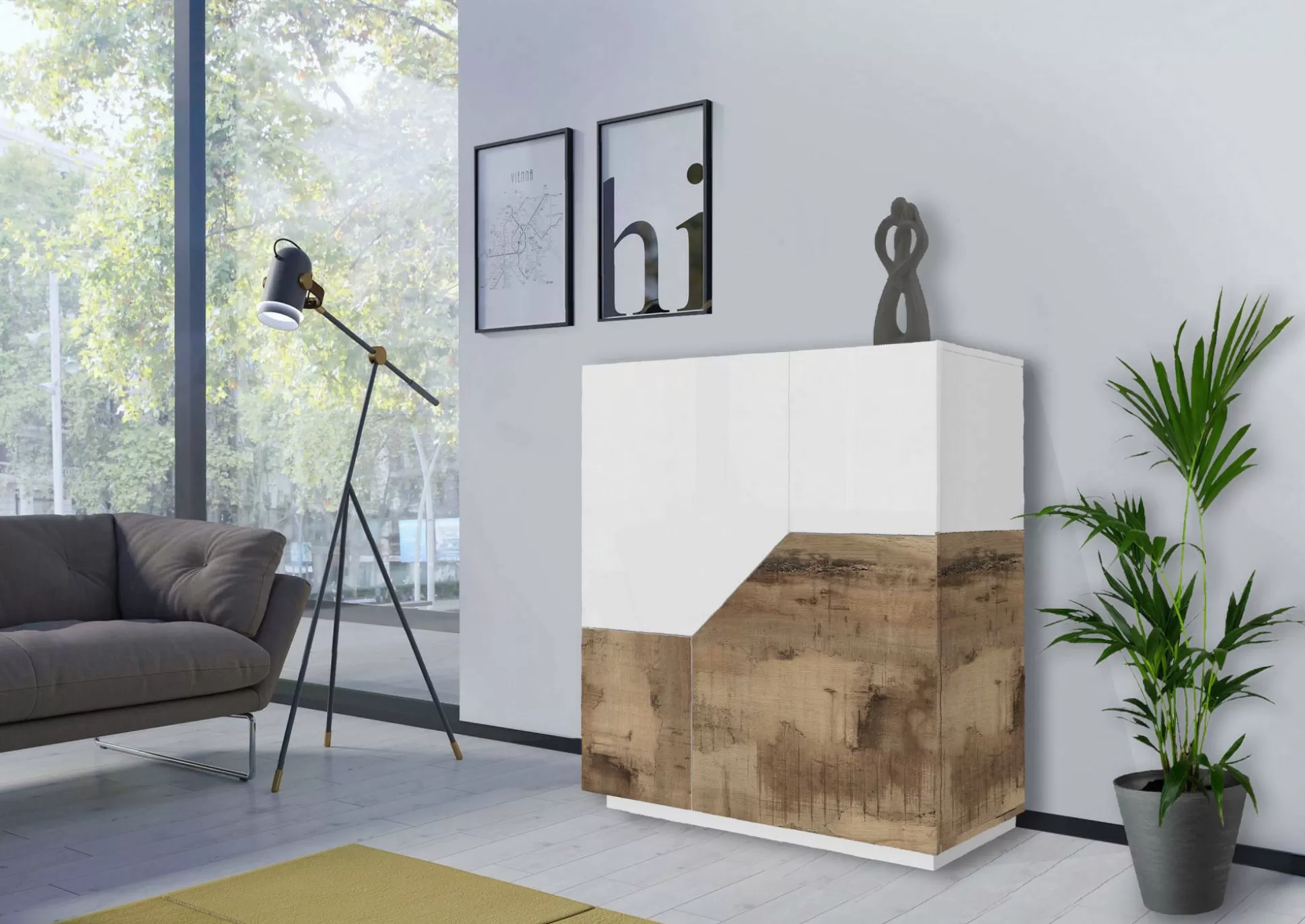 Dmora Credenze<Credenza Dkoud, cm 100x43h106, Bianco lucido e Acero