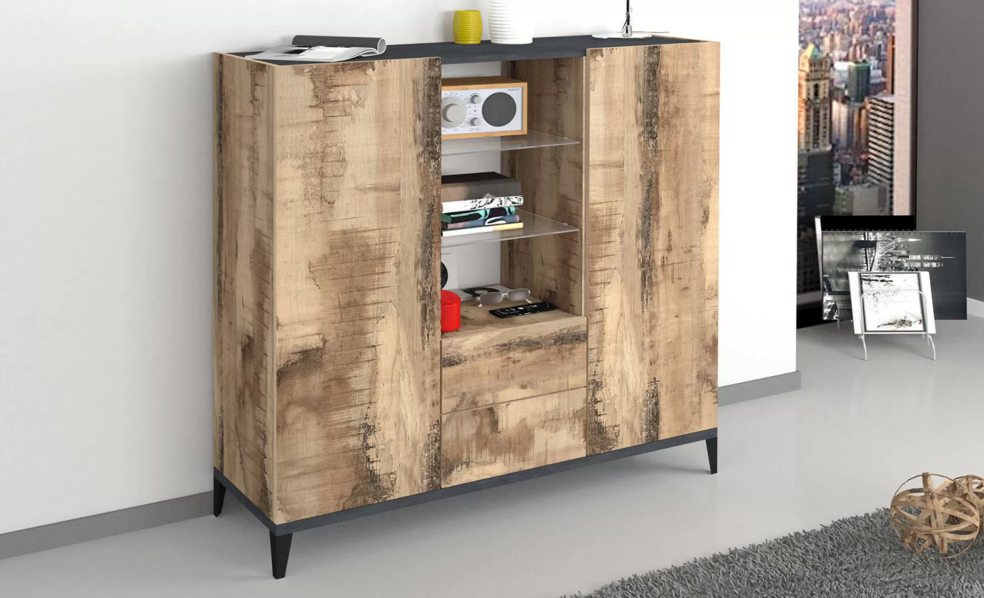 Dmora Credenze<Credenza Dla, cm 120x40h133, Ardesia e Acero