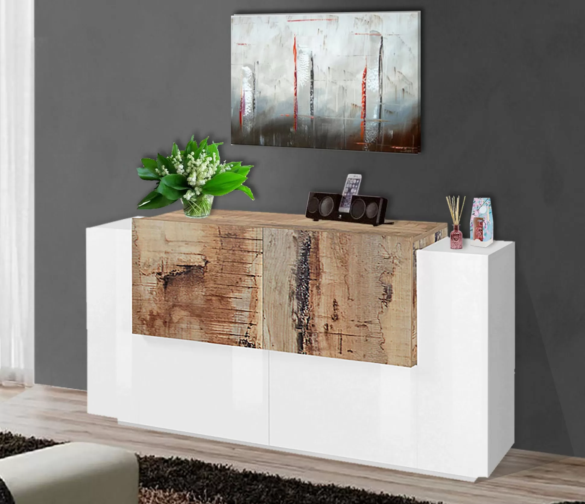 Dmora Credenze<Credenza Dlenz, cm 160x45h86, Bianco lucido e Acero