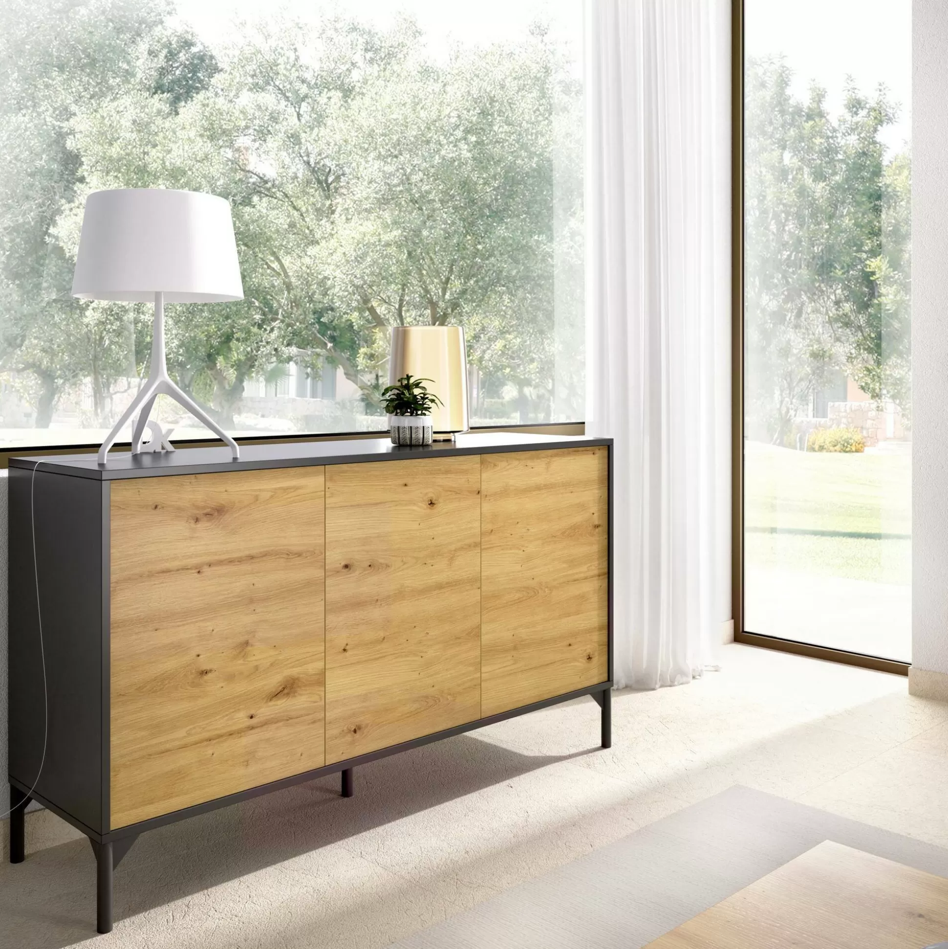 Dmora Credenze<Credenza Dlookma, 133x39h73 cm, Rovere Nodi e Antracite
