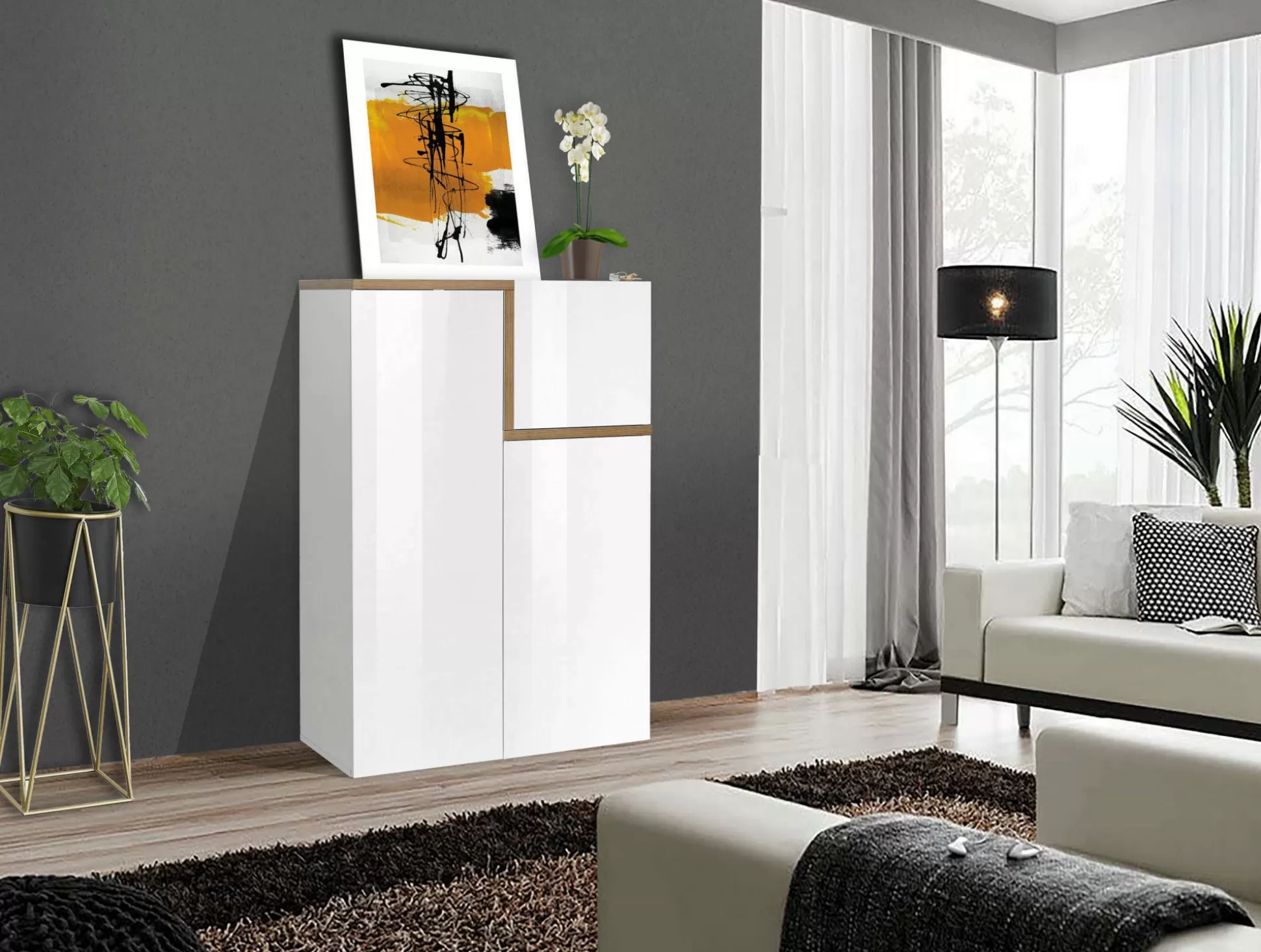 Dmora Credenze<Credenza Dmasi, cm 80x40h126, Bianco lucido e Acero
