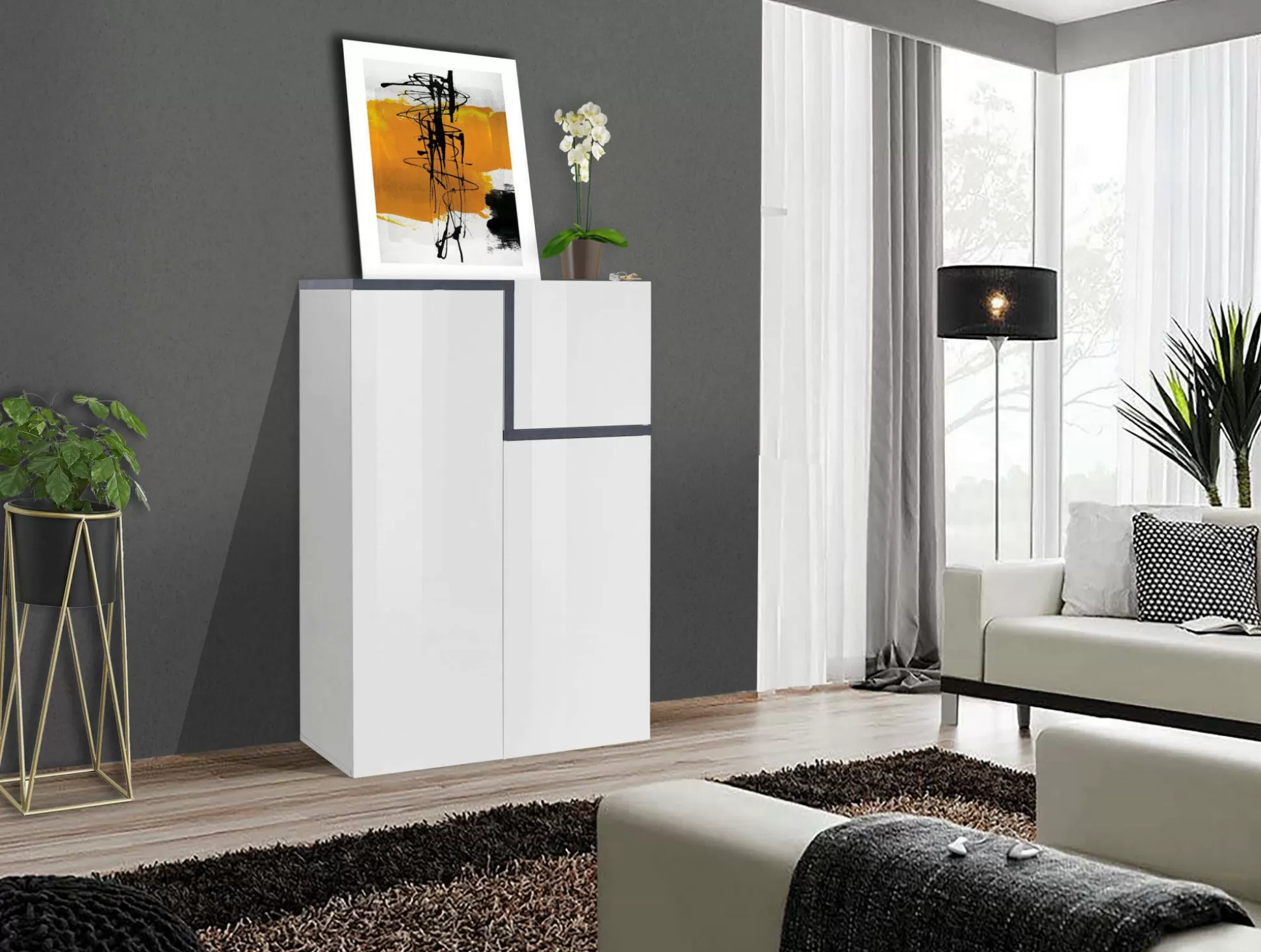Dmora Credenze<Credenza Dmasi, cm 80x40h126, Bianco lucido e Ardesia