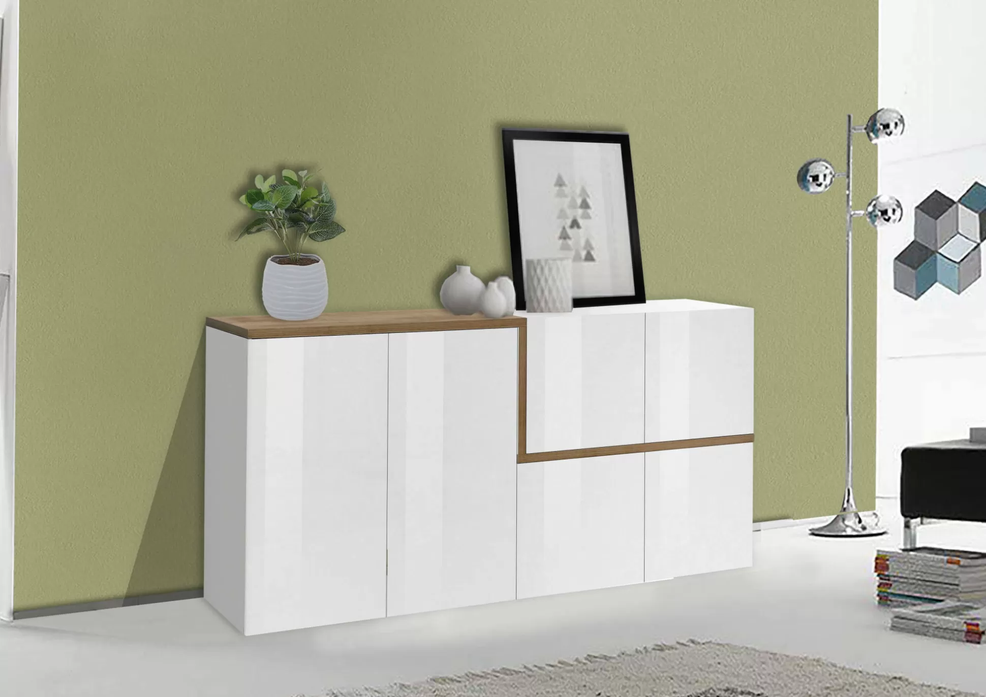 Dmora Credenze<Credenza Dmati, cm 160x40h80, Bianco lucido e Acero