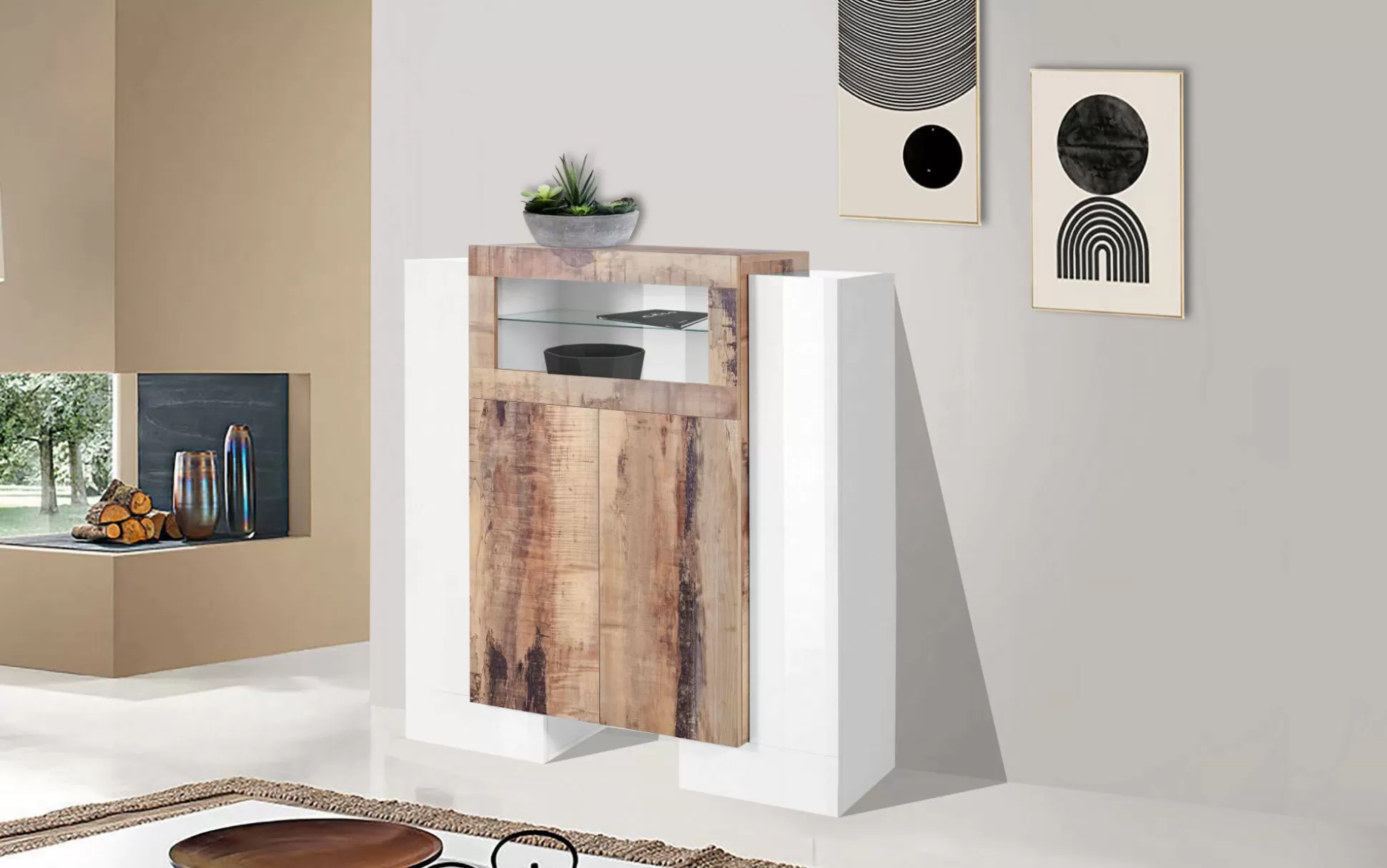 Dmora Credenze<Credenza Dmaye, cm 130x45h135, Bianco lucido e Acero