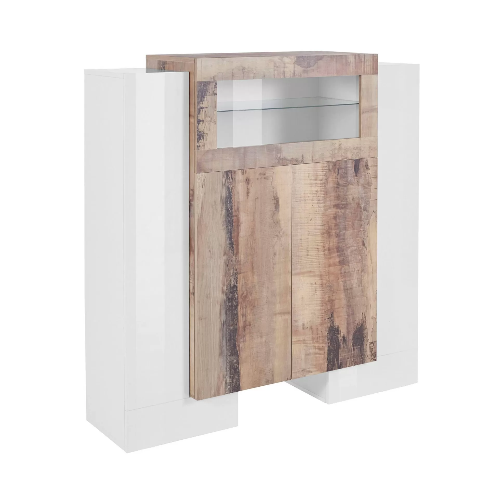 Dmora Credenze<Credenza Dmaye, cm 130x45h135, Bianco lucido e Acero