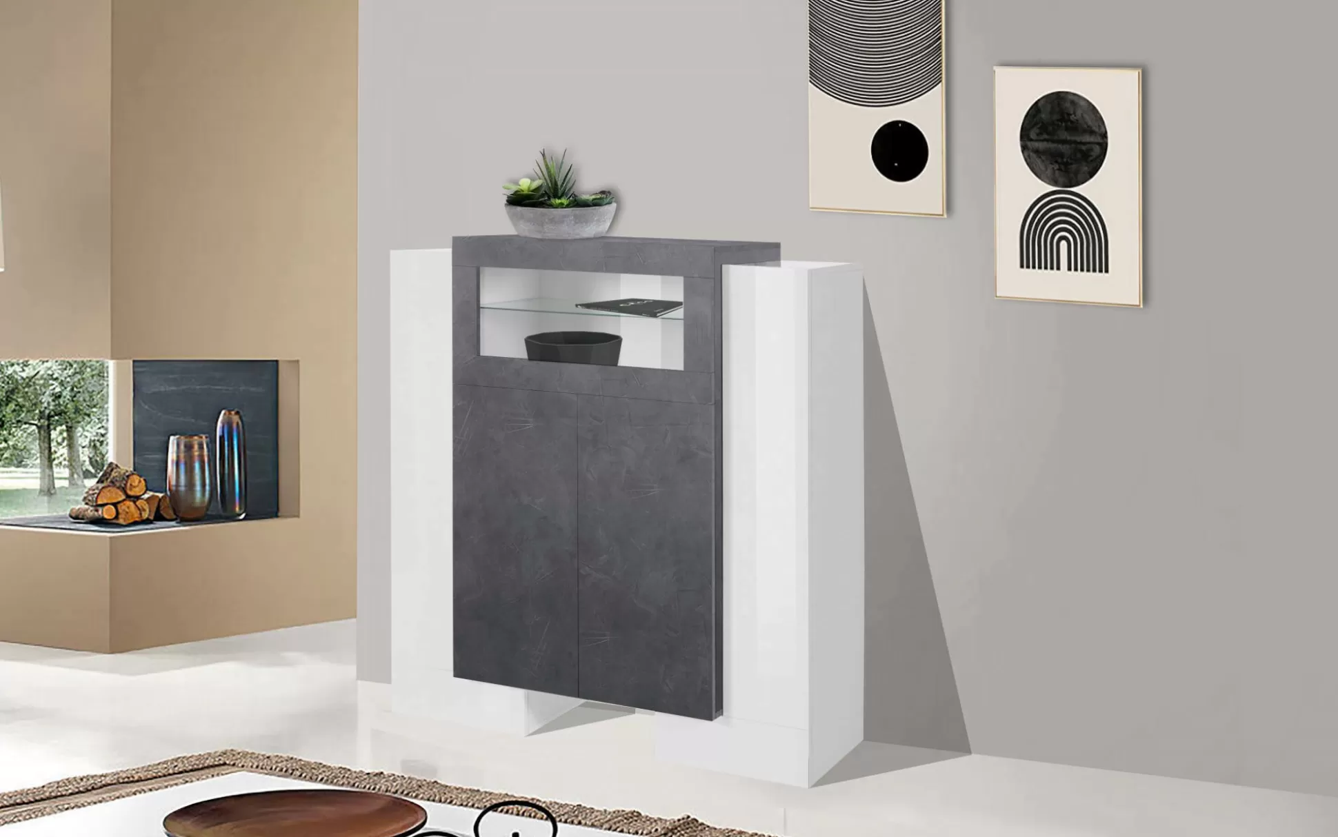 Dmora Credenze<Credenza Dmaye, cm 130x45h135, Bianco lucido e Ardesia