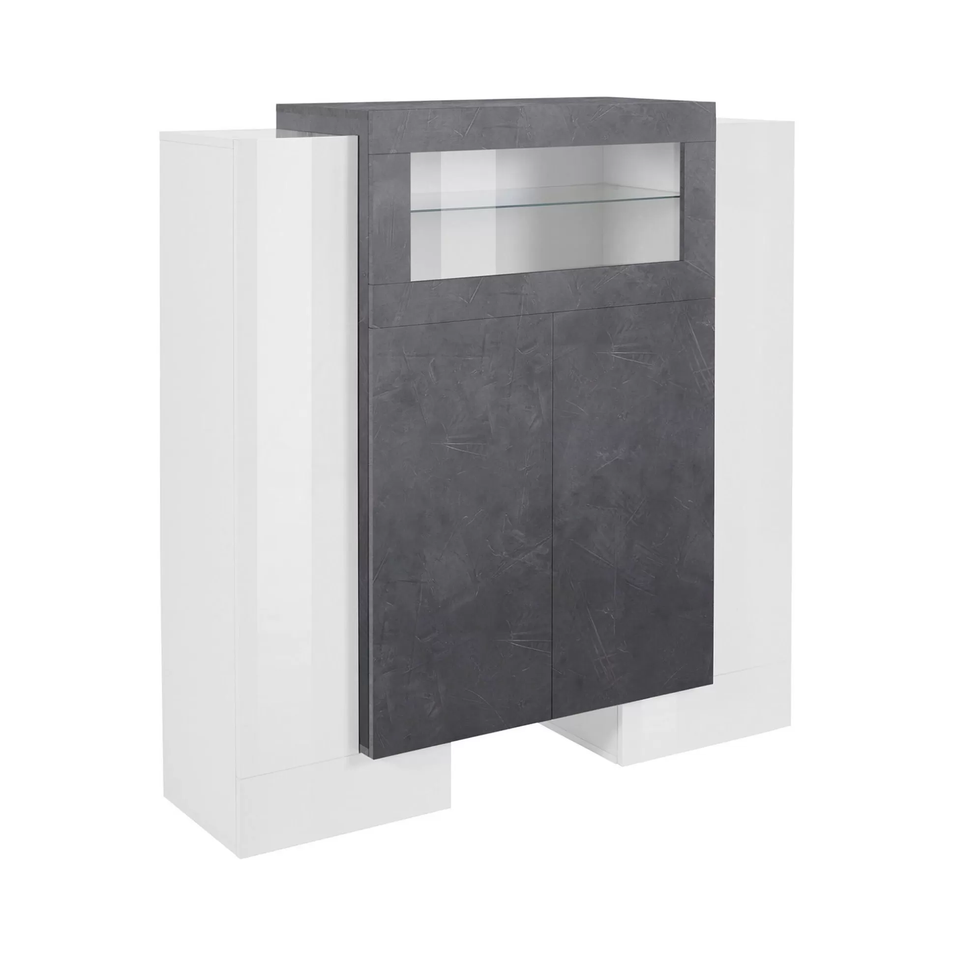 Dmora Credenze<Credenza Dmaye, cm 130x45h135, Bianco lucido e Ardesia