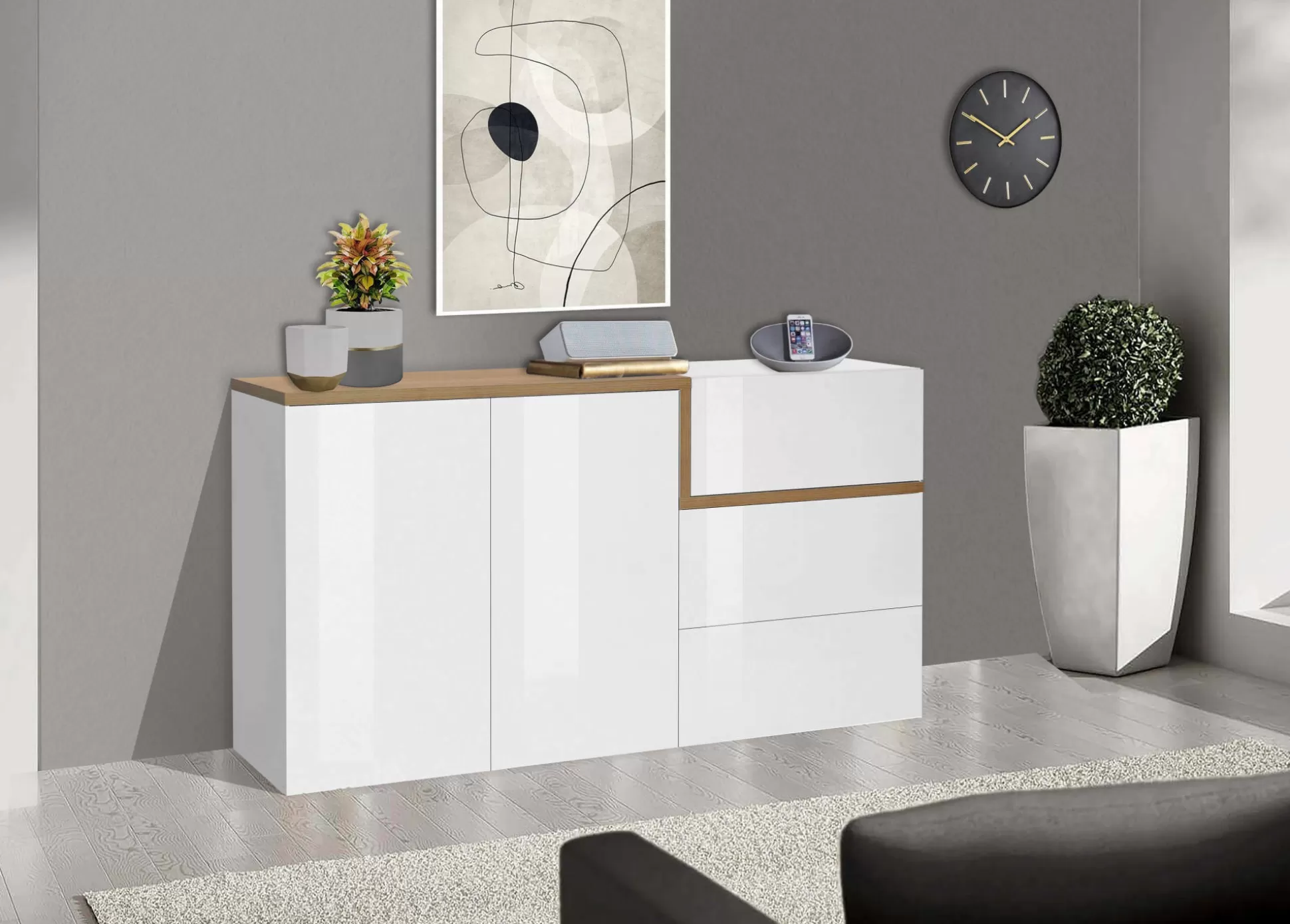Dmora Credenze<Credenza Dmot, cm 150x40h80, Bianco lucido e Acero