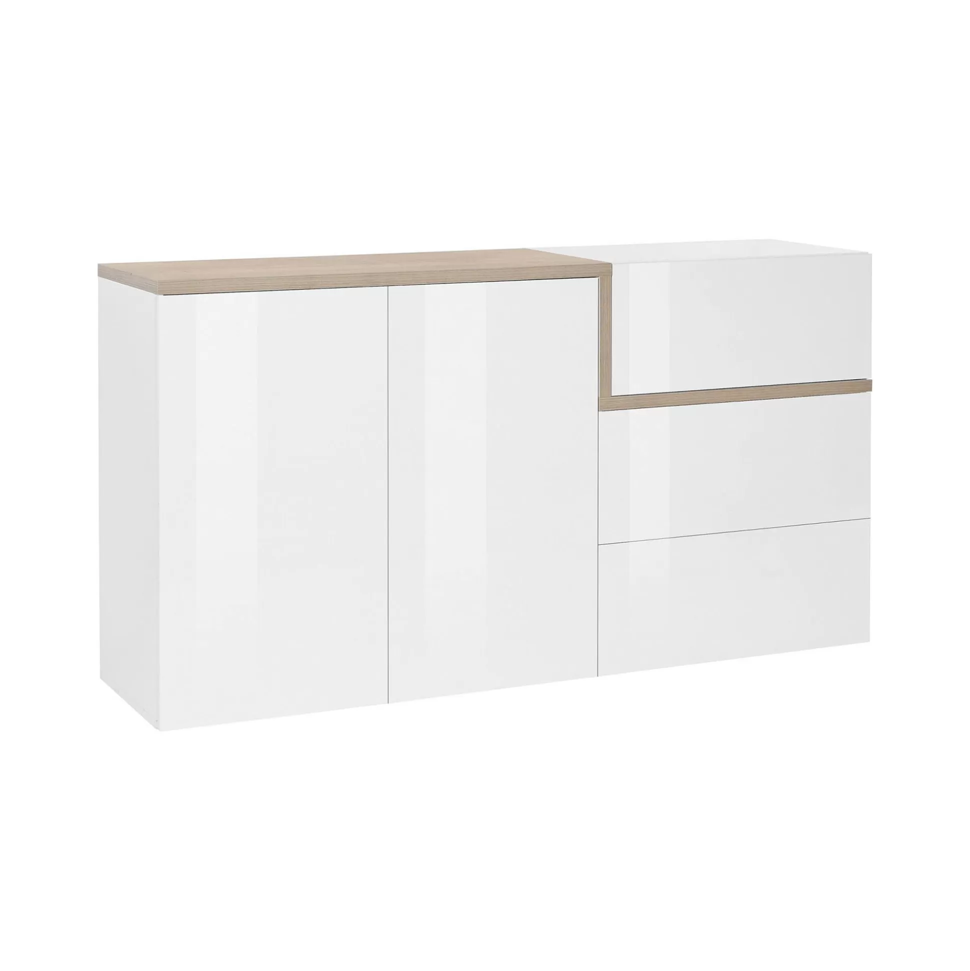 Dmora Credenze<Credenza Dmot, cm 150x40h80, Bianco lucido e Acero
