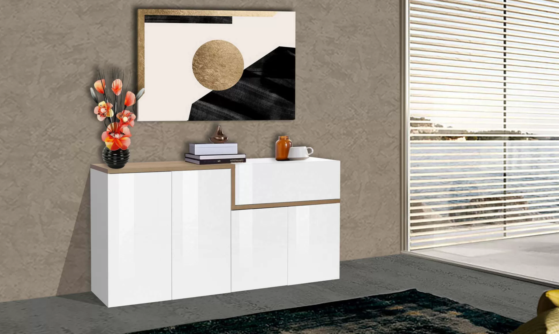 Dmora Credenze<Credenza Dnebol, cm 160x40h80, Bianco lucido e Acero