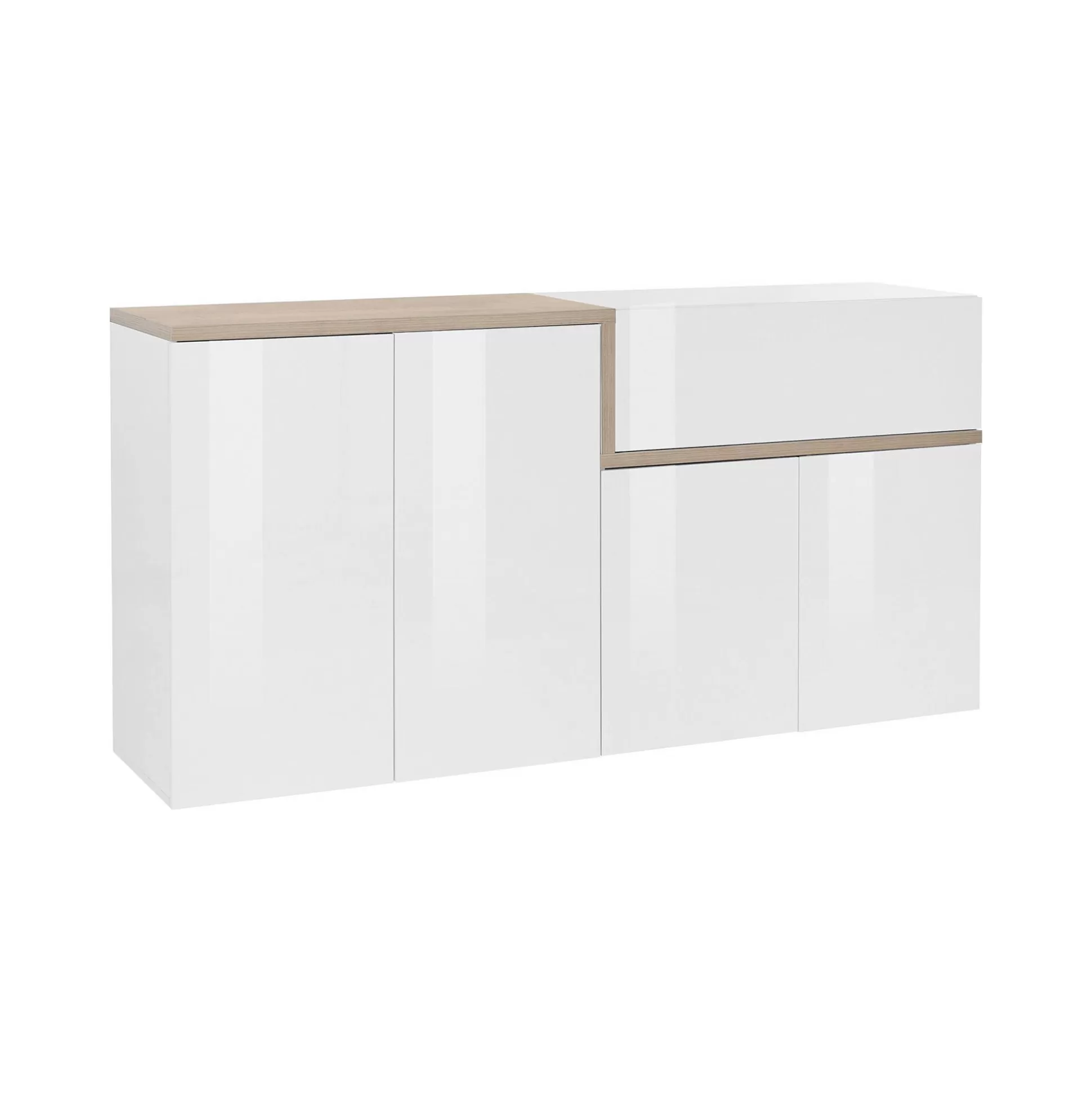 Dmora Credenze<Credenza Dnebol, cm 160x40h80, Bianco lucido e Acero