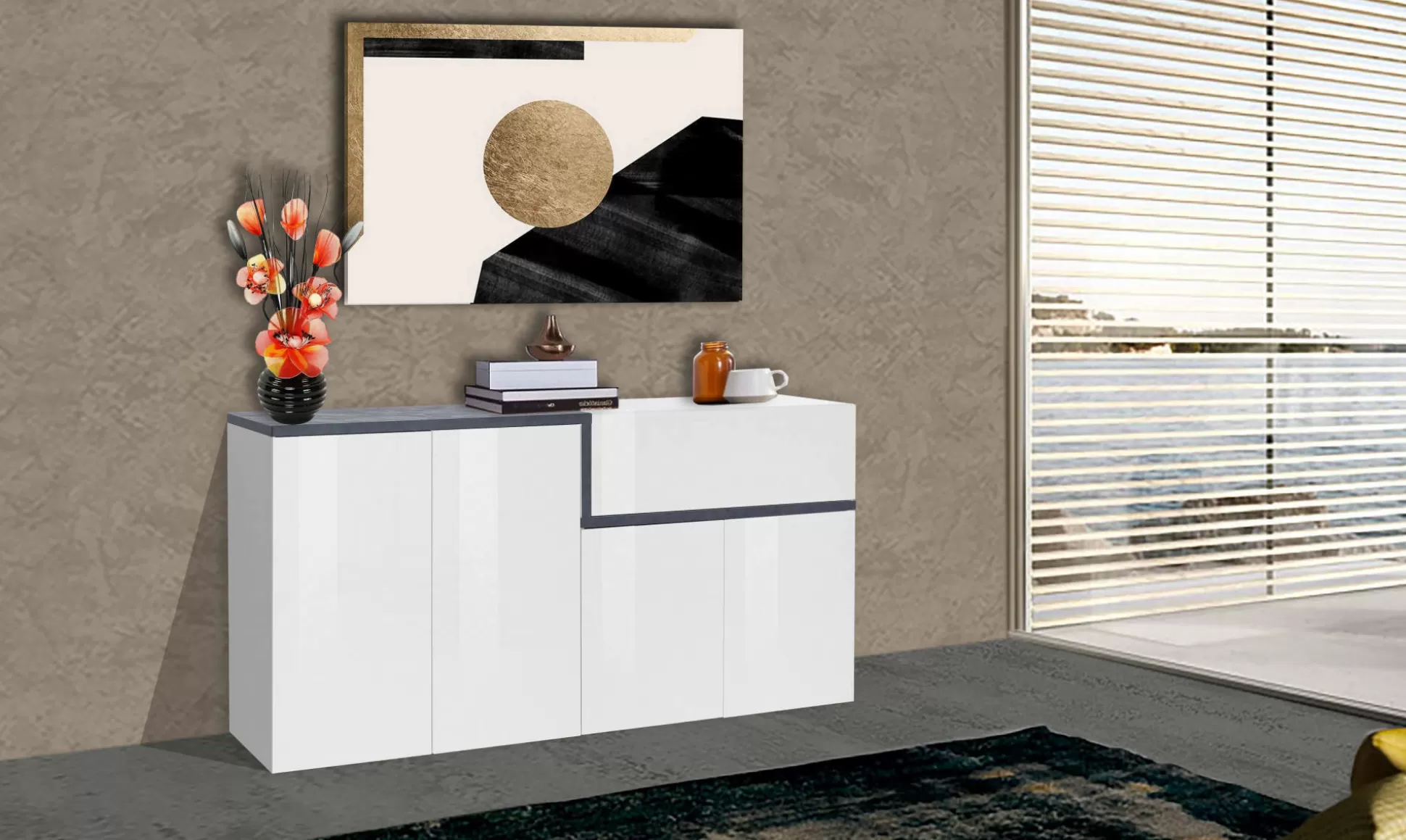 Dmora Credenze<Credenza Dnebol, cm 160x40h80, Bianco lucido e Ardesia
