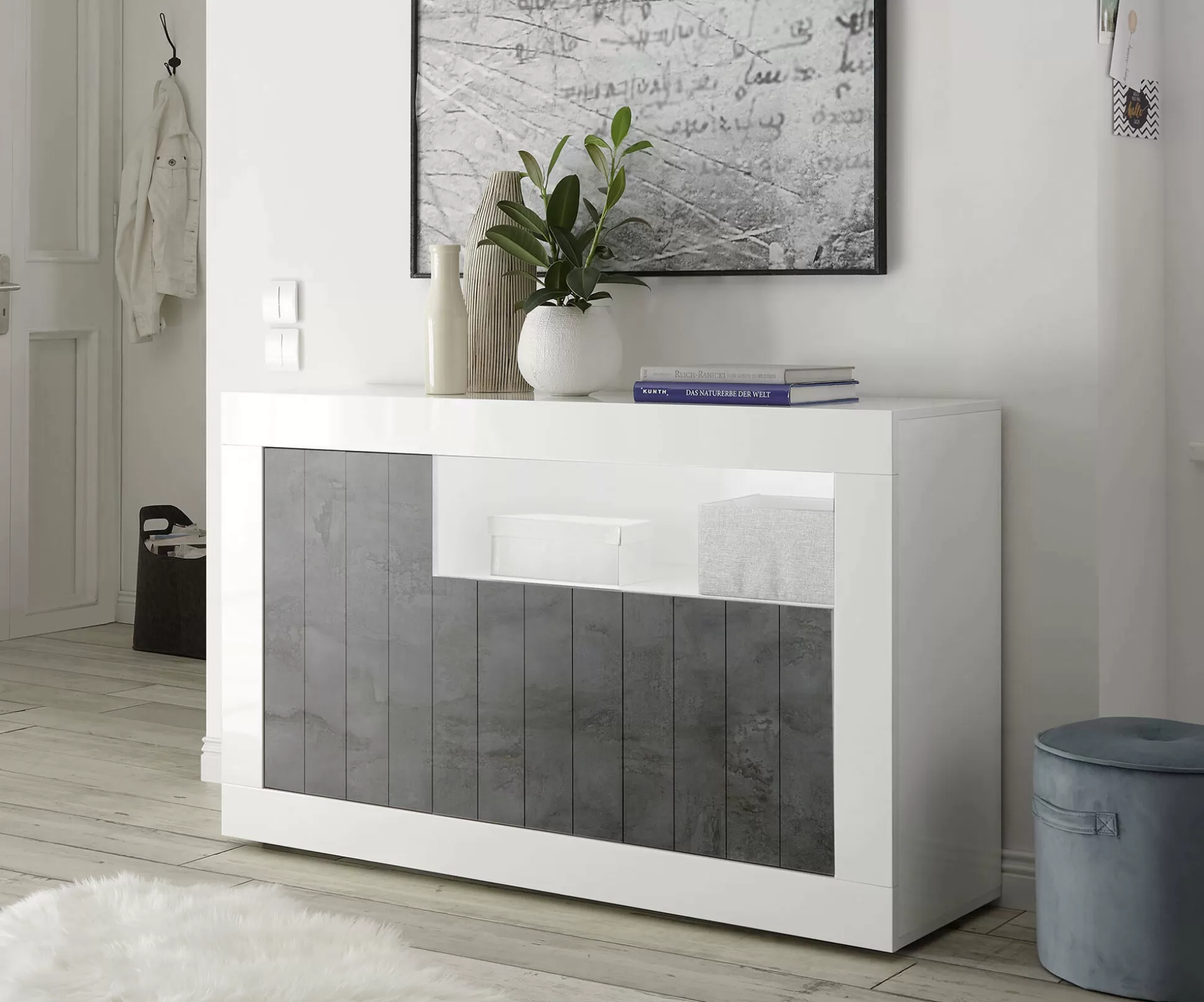 Dmora Credenze<Credenza Dolphin, 138x42 h86 cm, Bianco lucido e Ardesia