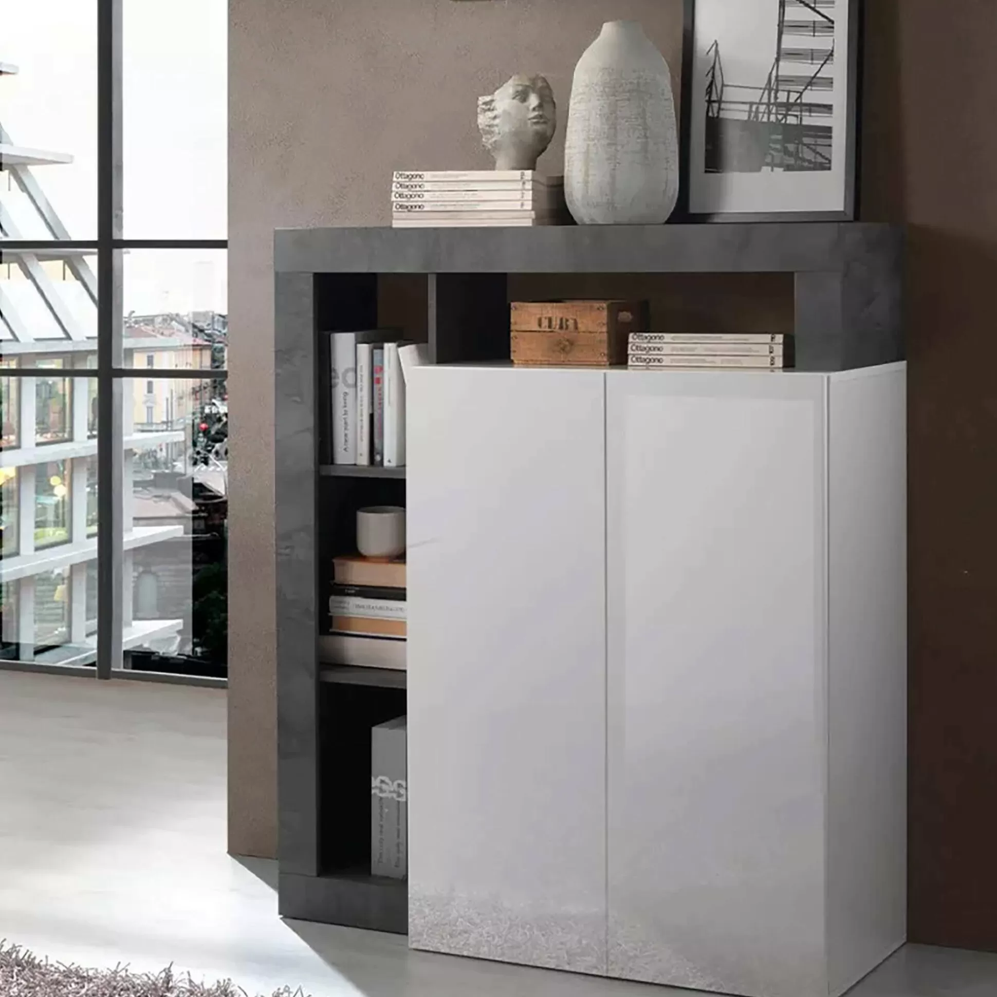 Dmora Credenze<Credenza Dsmar, 108x42 h127 cm, Bianco lucido e Ardesia