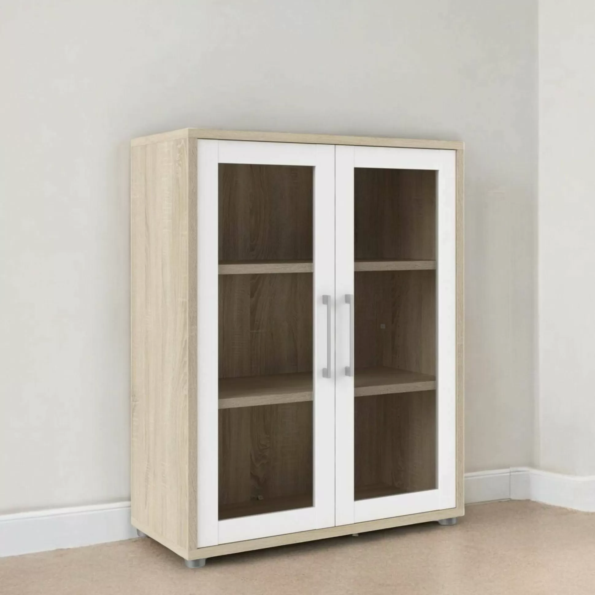 Dmora Credenze<Credenza Dsupryah, 89x40 h113 cm, Quercia e Bianco