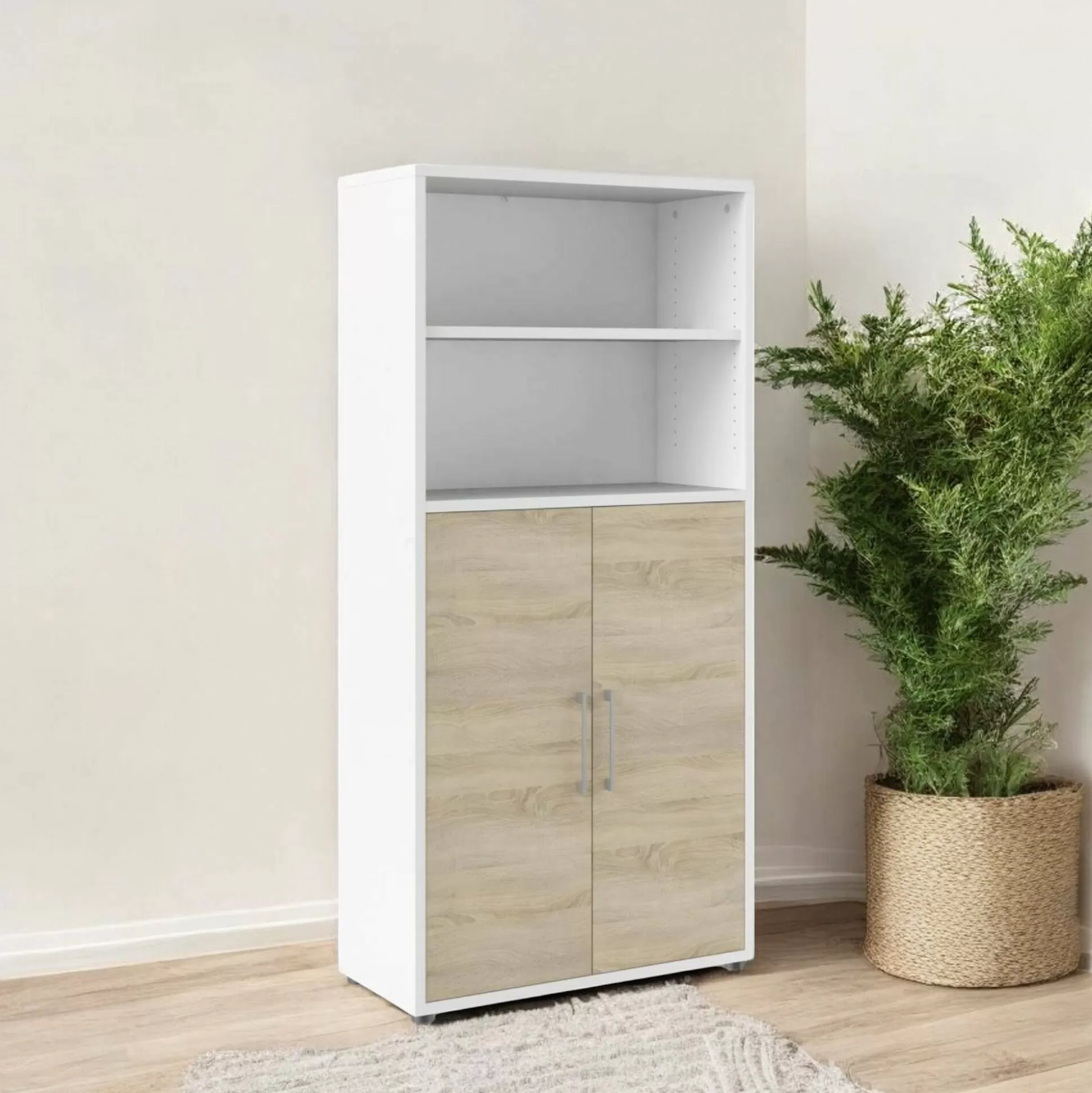 Dmora Credenze<Credenza Dsvobod, 89x40 h186 cm, Bianco e Quercia