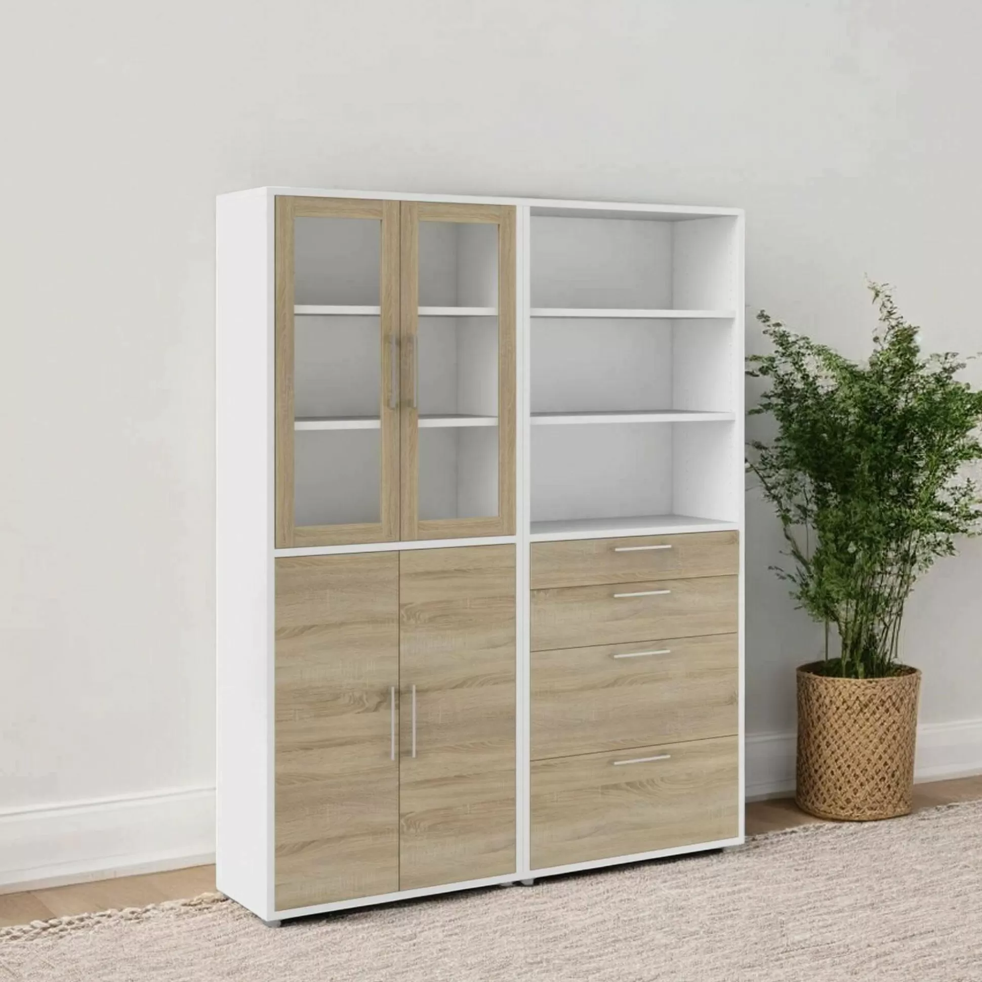Dmora Credenze<Credenza Embabane, 40x178 h222 cm, Bianco e Quercia