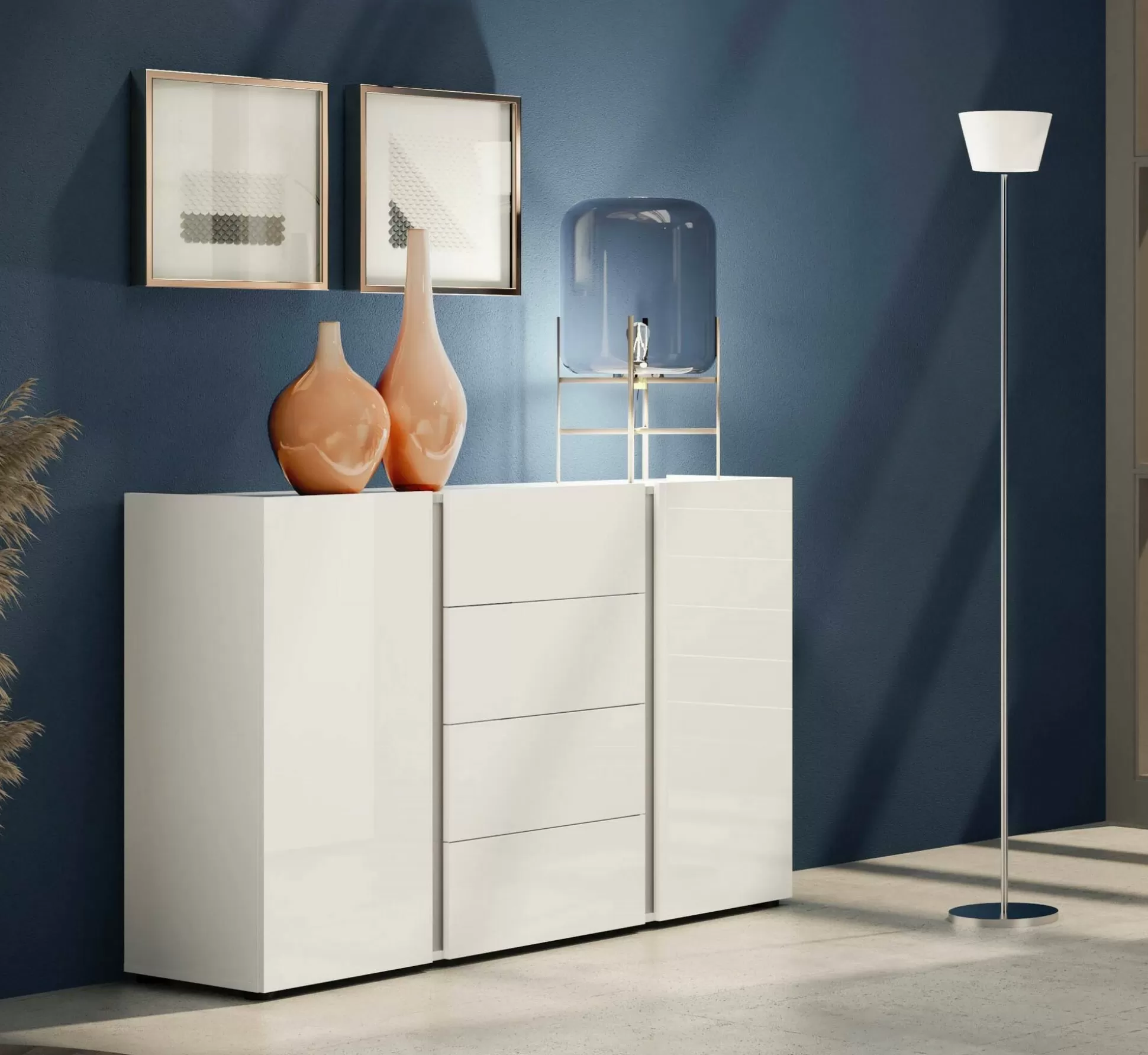 Dmora Credenze<Credenza Ernesta, 140x38h92 cm, Bianco lucido e Antracite