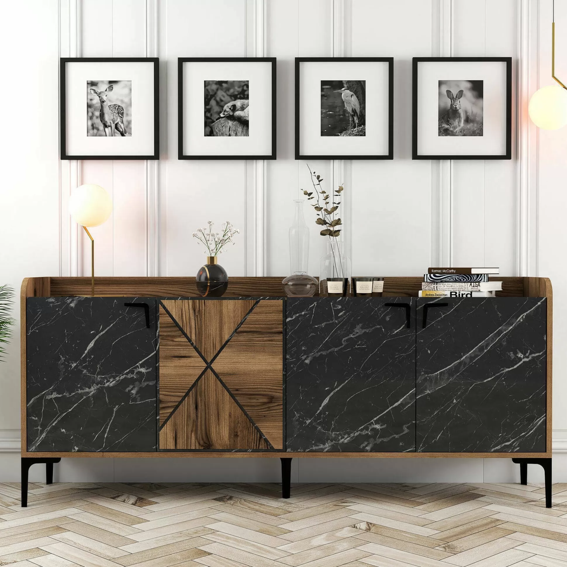 Dmora Credenze<Credenza Fay, 180x35 h79 cm, Noce e Nero