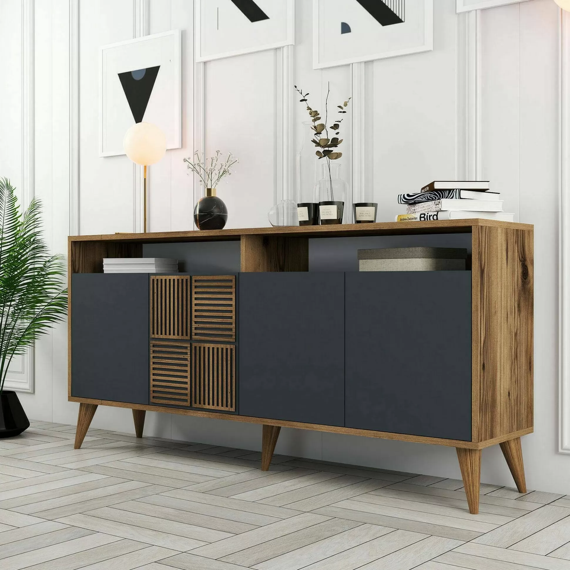 Dmora Credenze<Credenza Garigliano, 160x35h79 cm, Noce e Antracite