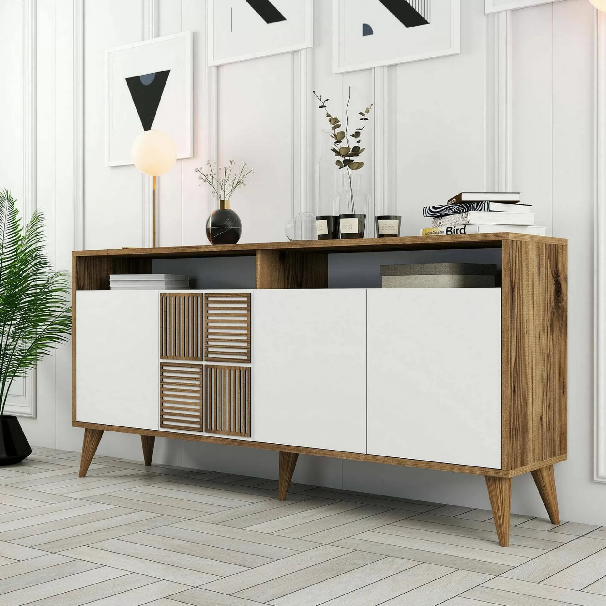 Dmora Credenze<Credenza Garigliano, 160x35h79 cm, Noce e Bianco