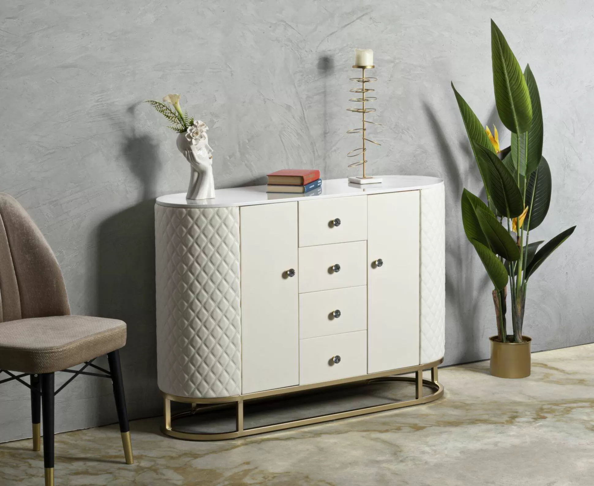 Dmora Credenze<Credenza Grotte, 120x40 h85 cm, Bianco e Oro