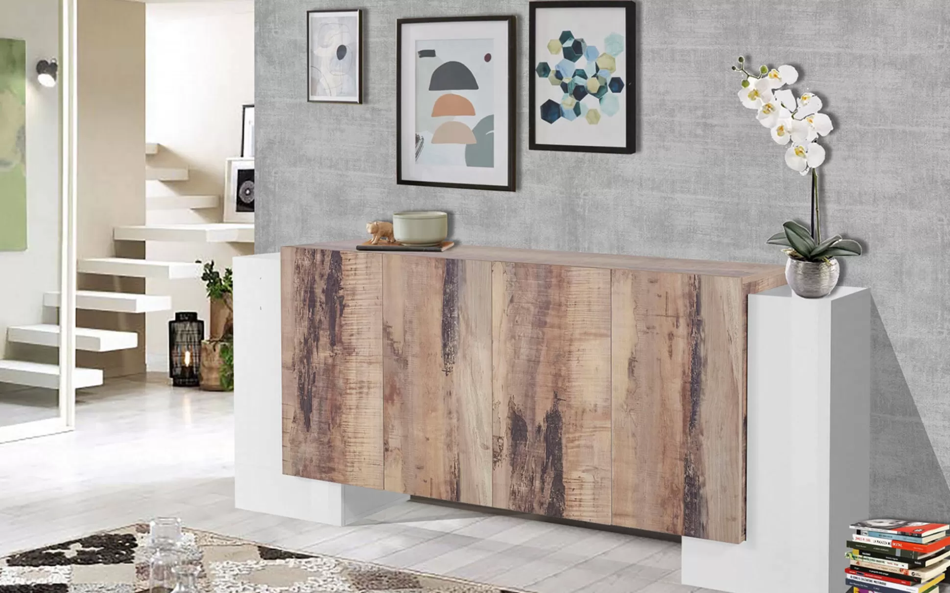 Dmora Credenze<Credenza Hades, cm 210x45h85, Bianco lucido e Acero