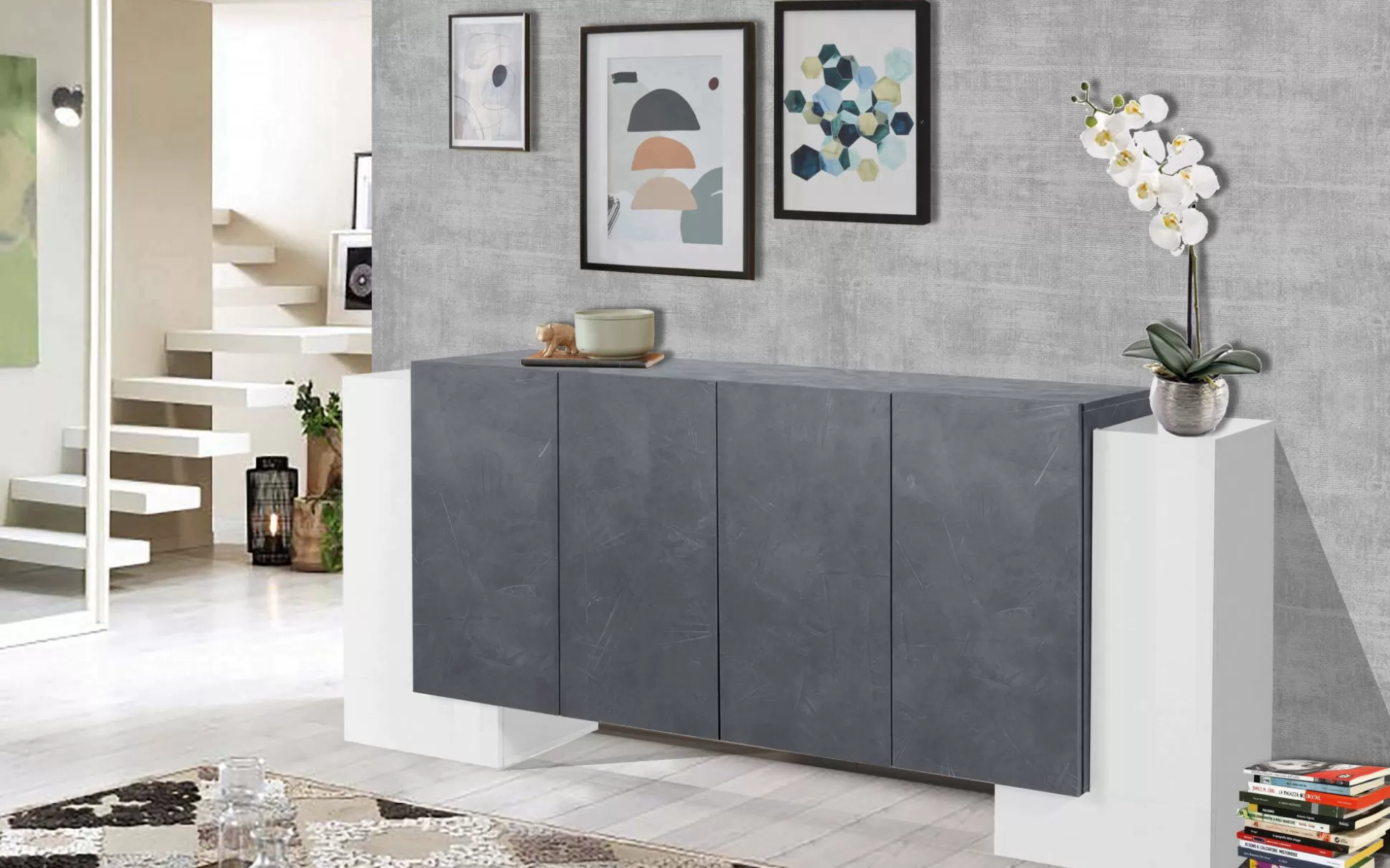 Dmora Credenze<Credenza Hades, cm 210x45h85, Bianco lucido e Ardesia