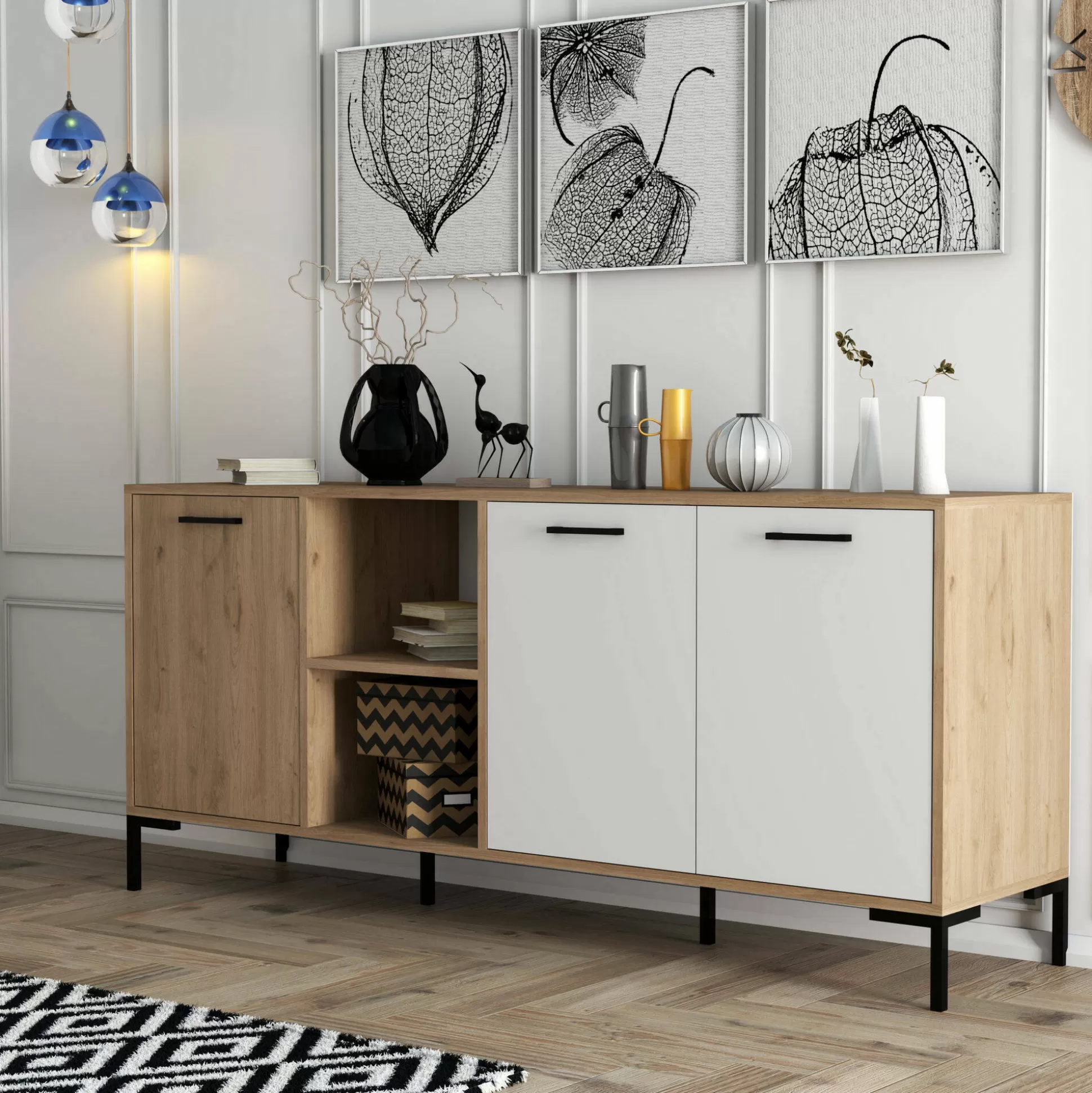 Dmora Credenze<Credenza Hato, 180x45 h80 cm, Quercia e Bianco