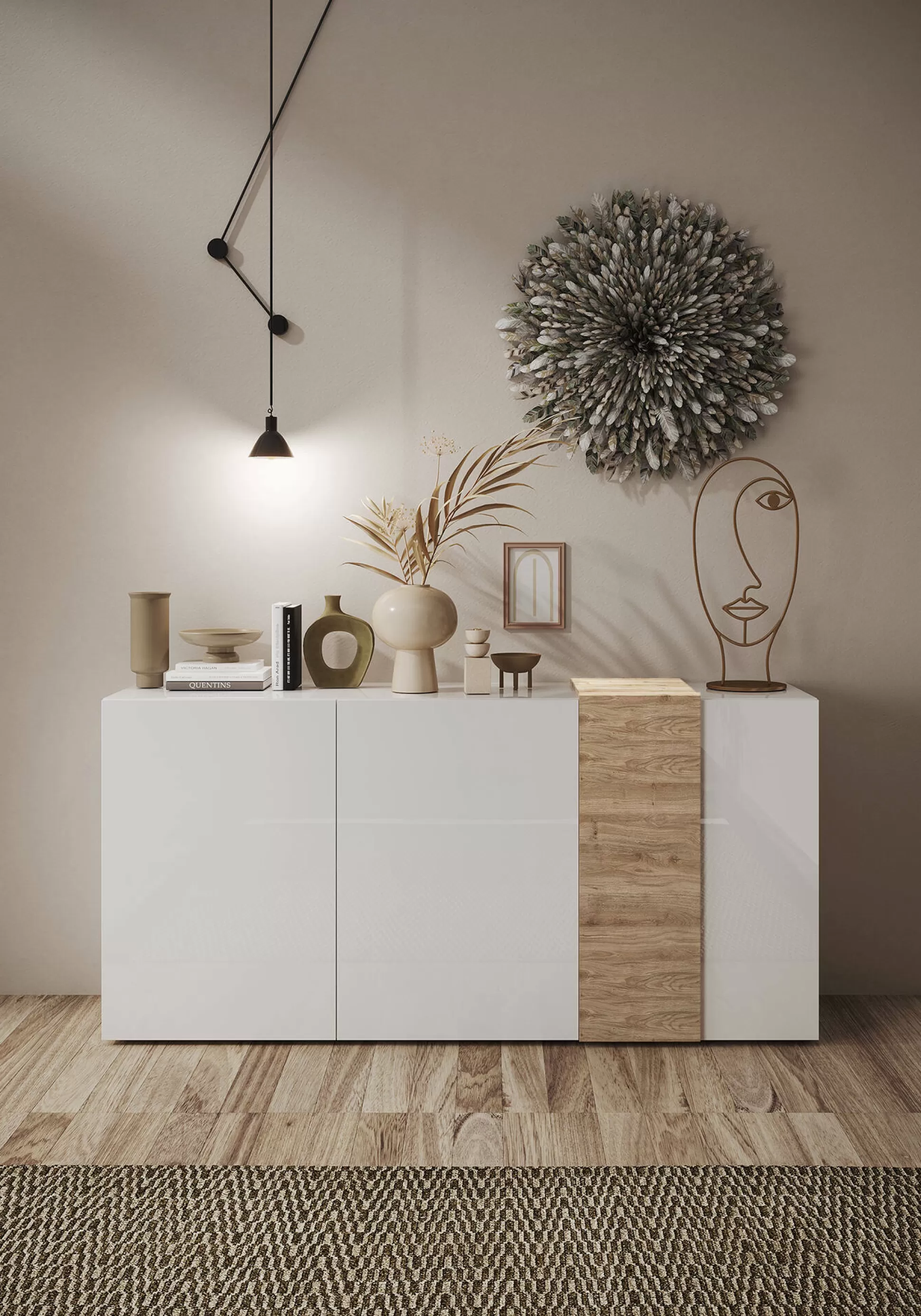 Dmora Credenze<Credenza Jerry, 181x44 h86 cm, Rovere Nodi e Bianco lucido