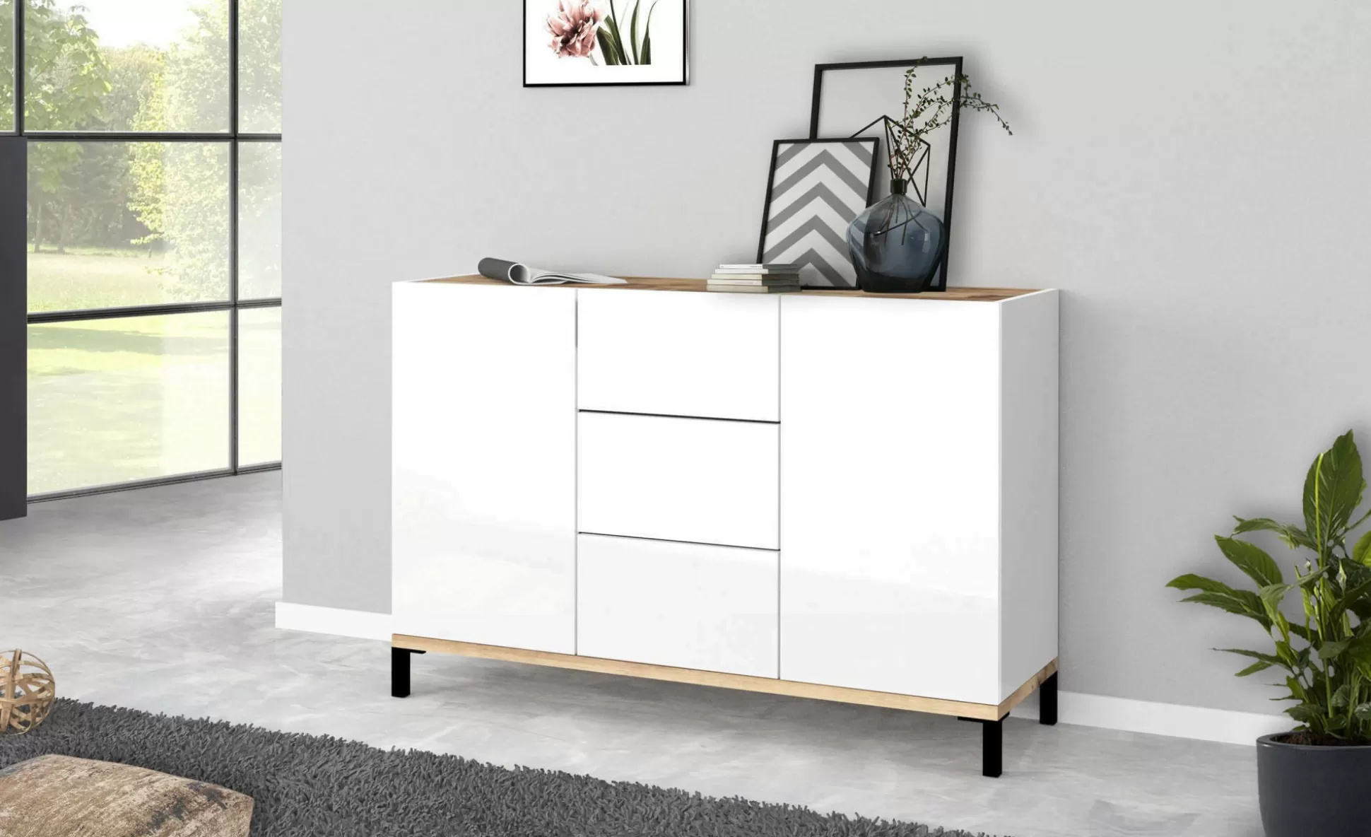 Dmora Credenze<Credenza Jessie, cm 120x40h80, Bianco lucido e Acero