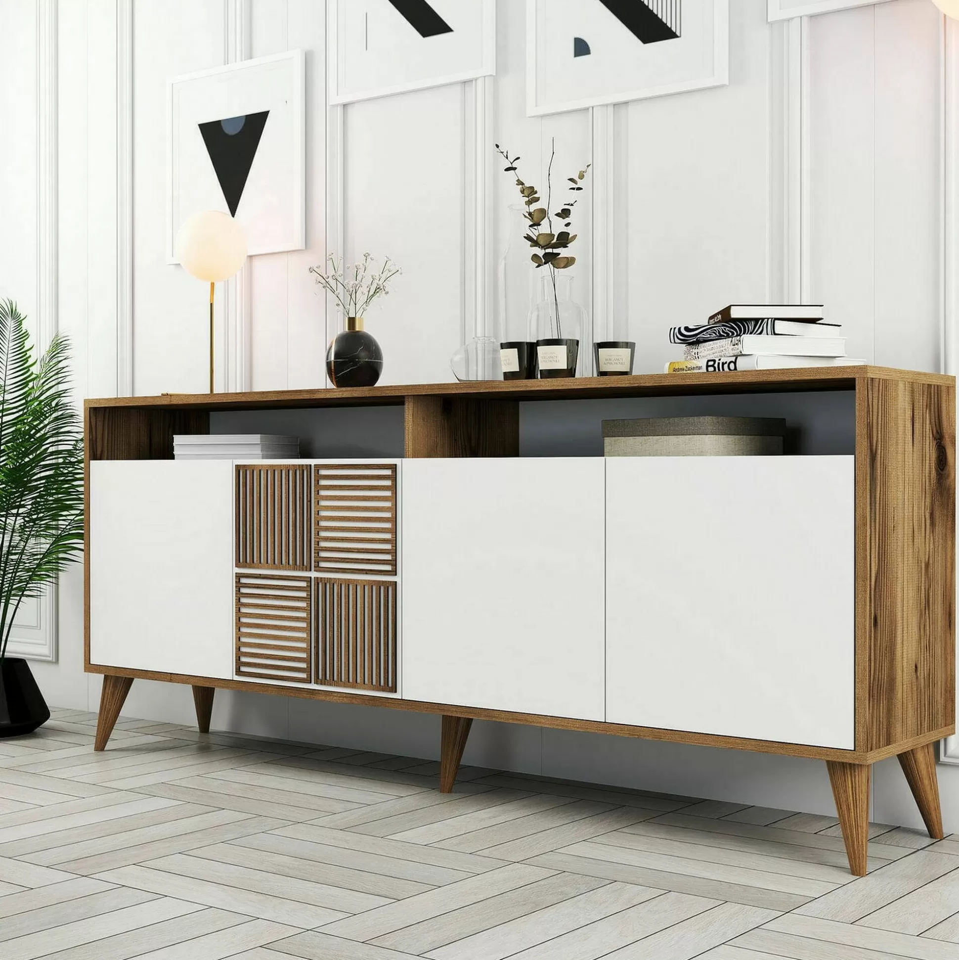 Dmora Credenze<Credenza Jole, 180x35h79 cm, Noce e Bianco