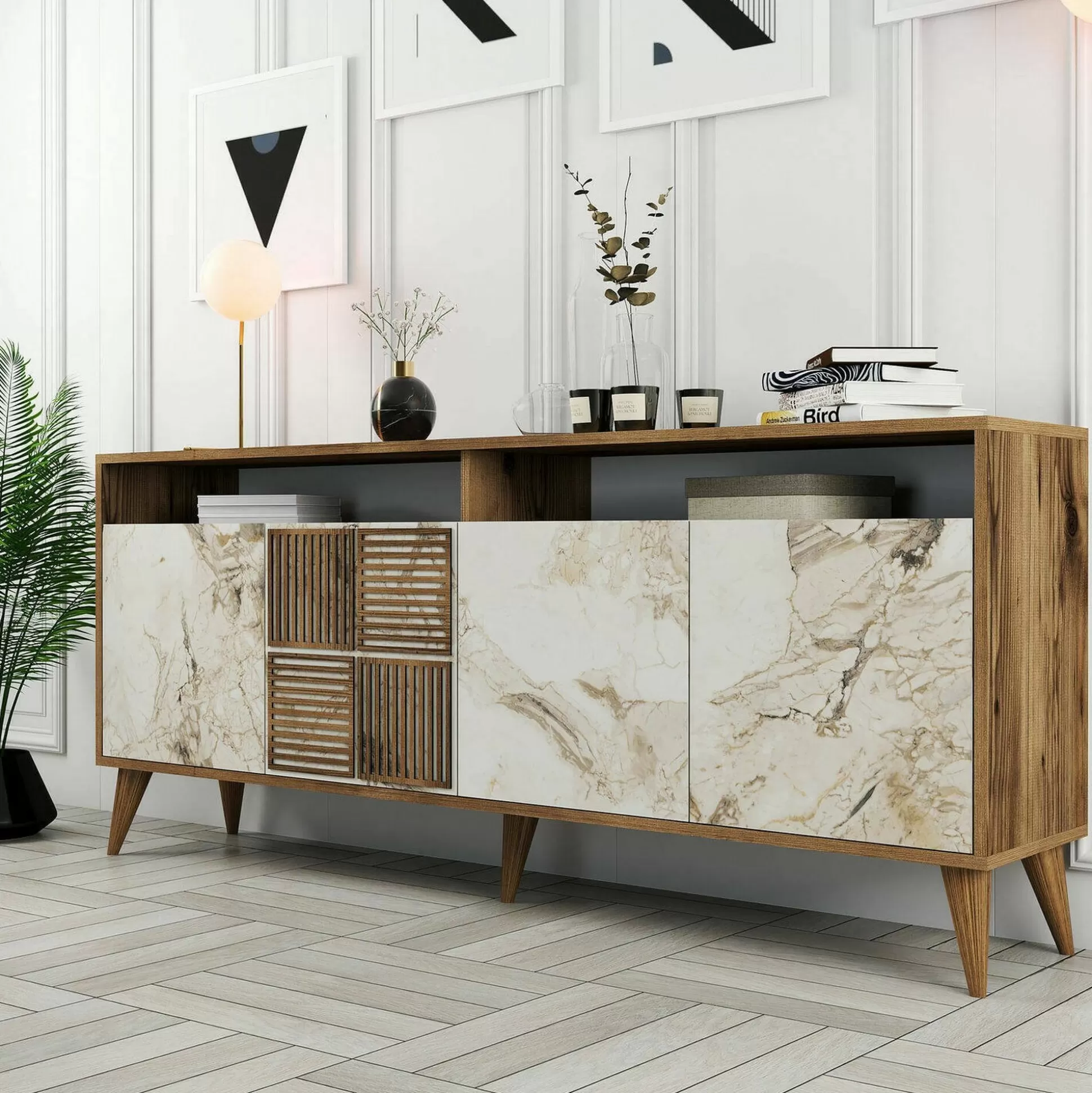 Dmora Credenze<Credenza Jole, 180x35h79 cm, Noce e Bianco Marmo