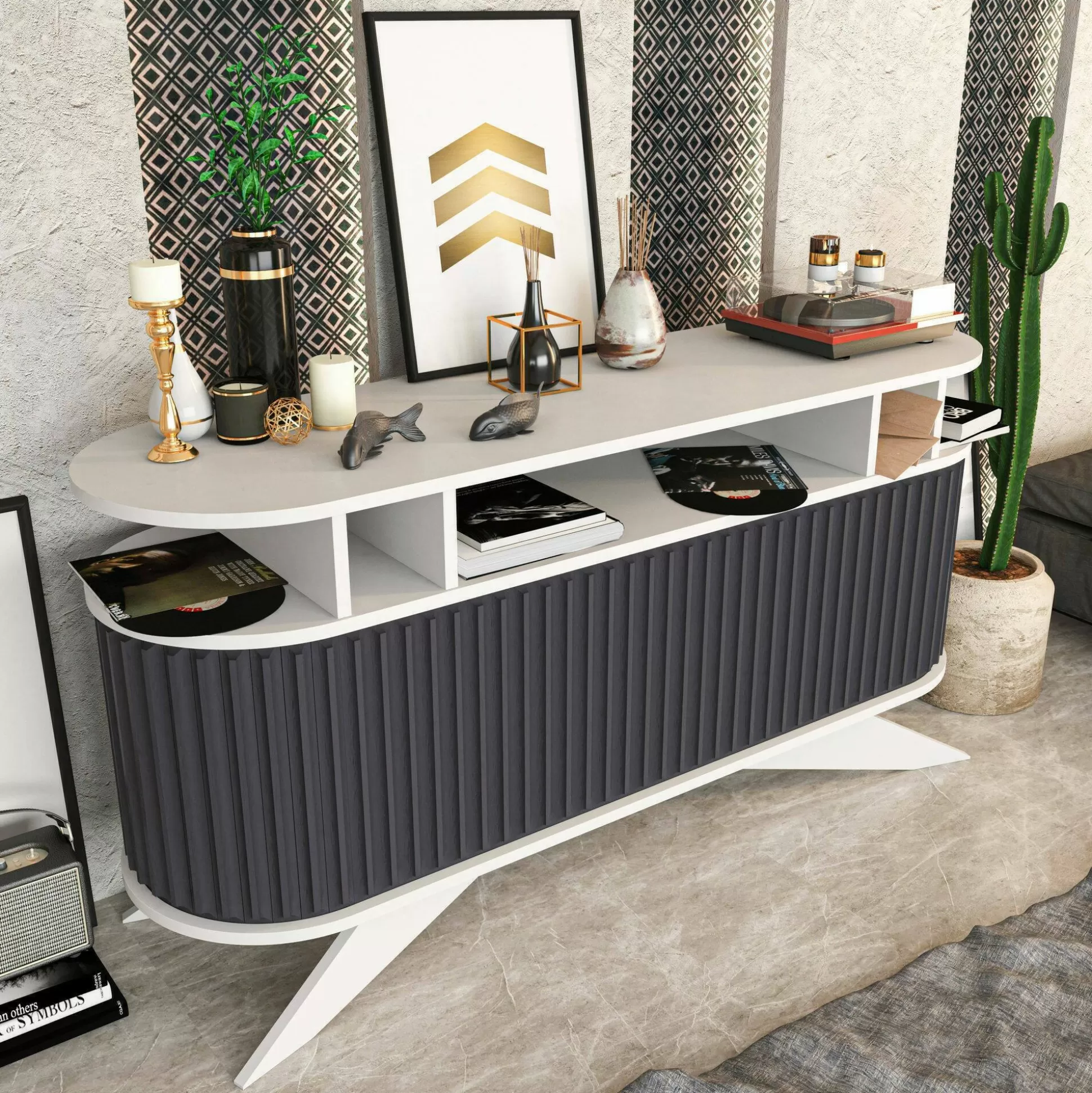 Dmora Credenze<Credenza Joy, 150x43h75 cm, Bianco e Antracite