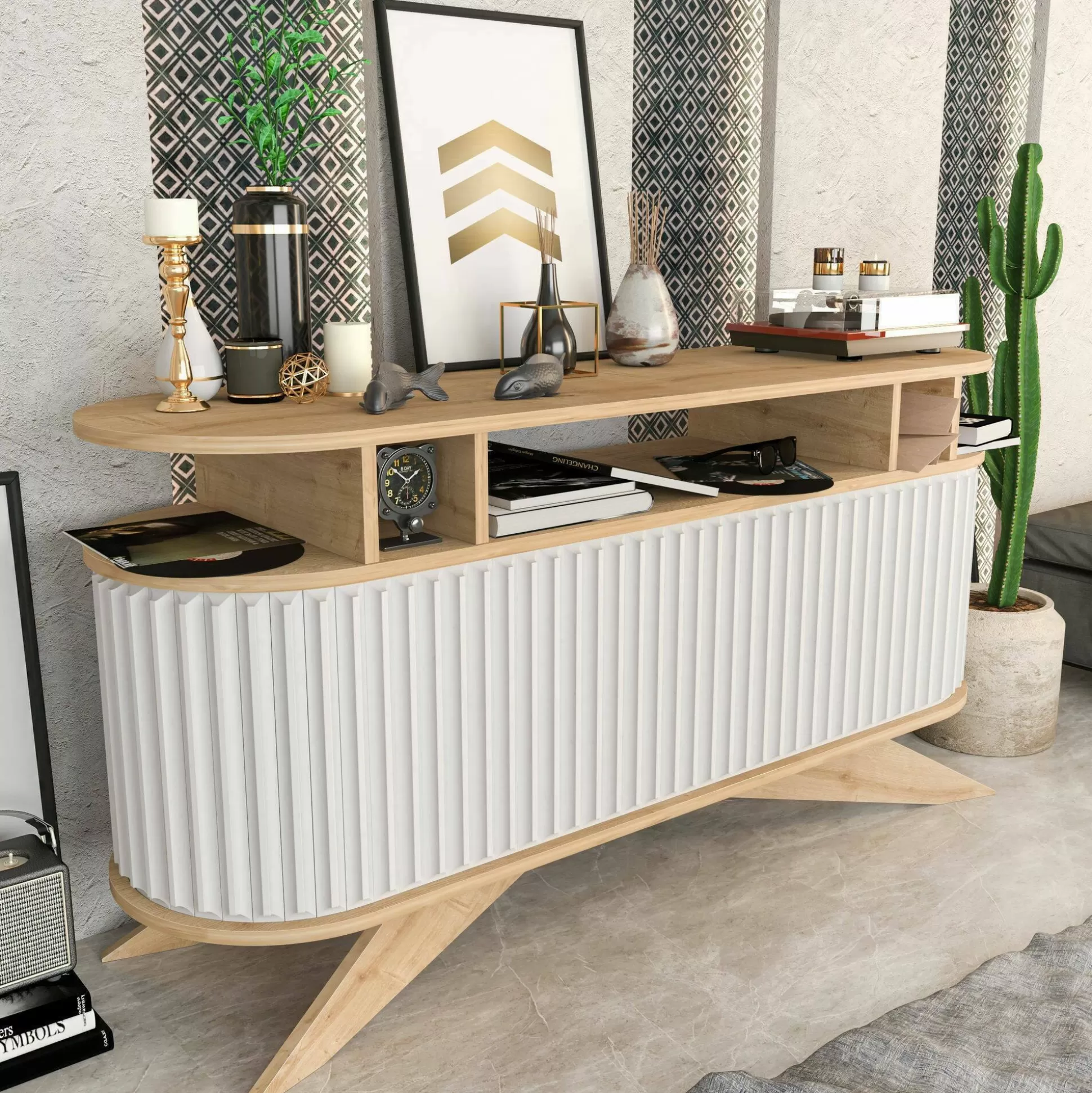 Dmora Credenze<Credenza Joy, 150x43h75 cm, Quercia e Bianco
