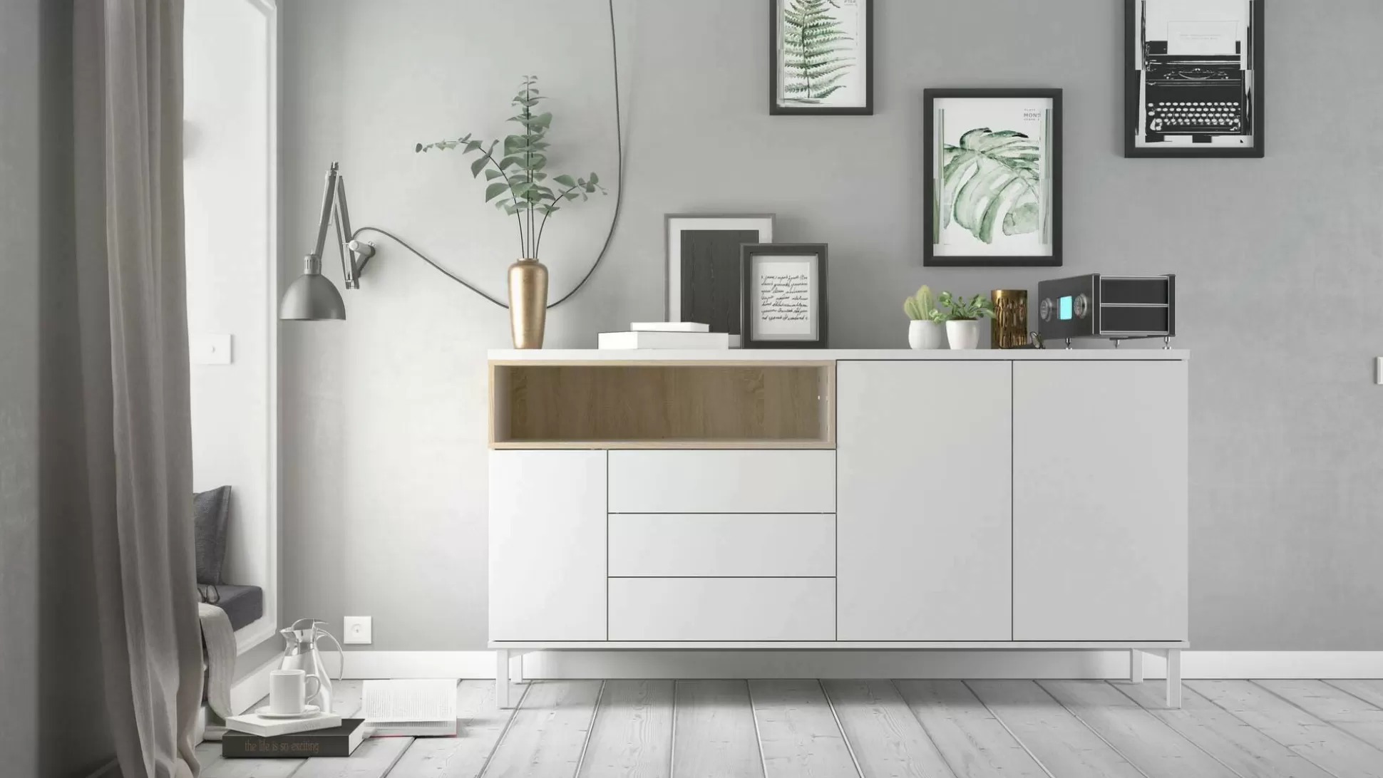 Dmora Credenze<Credenza Julie, 48x176 h90 cm, Bianco e Quercia