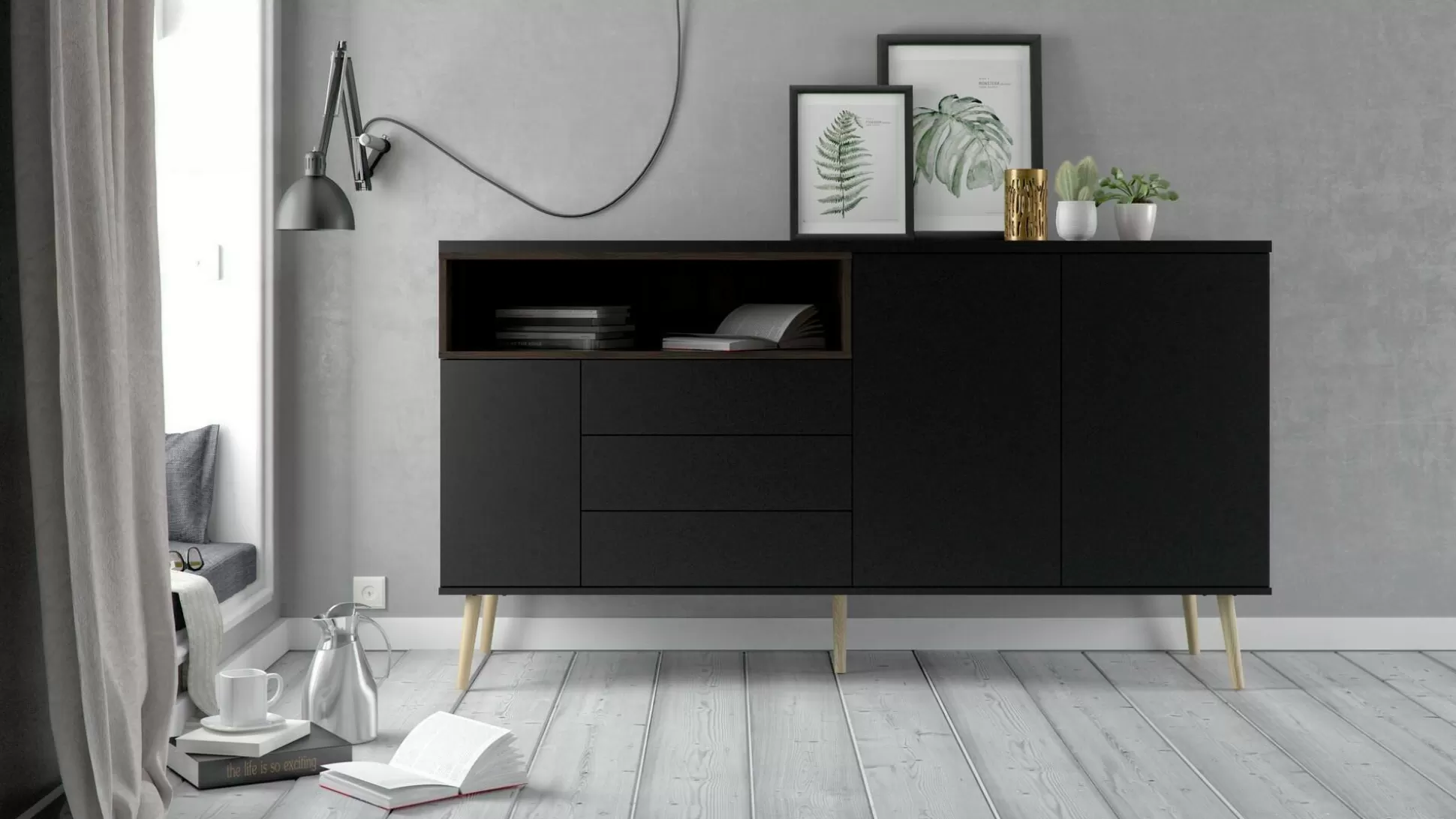 Dmora Credenze<Credenza Julie, 48x176 h90 cm, Nero e Noce