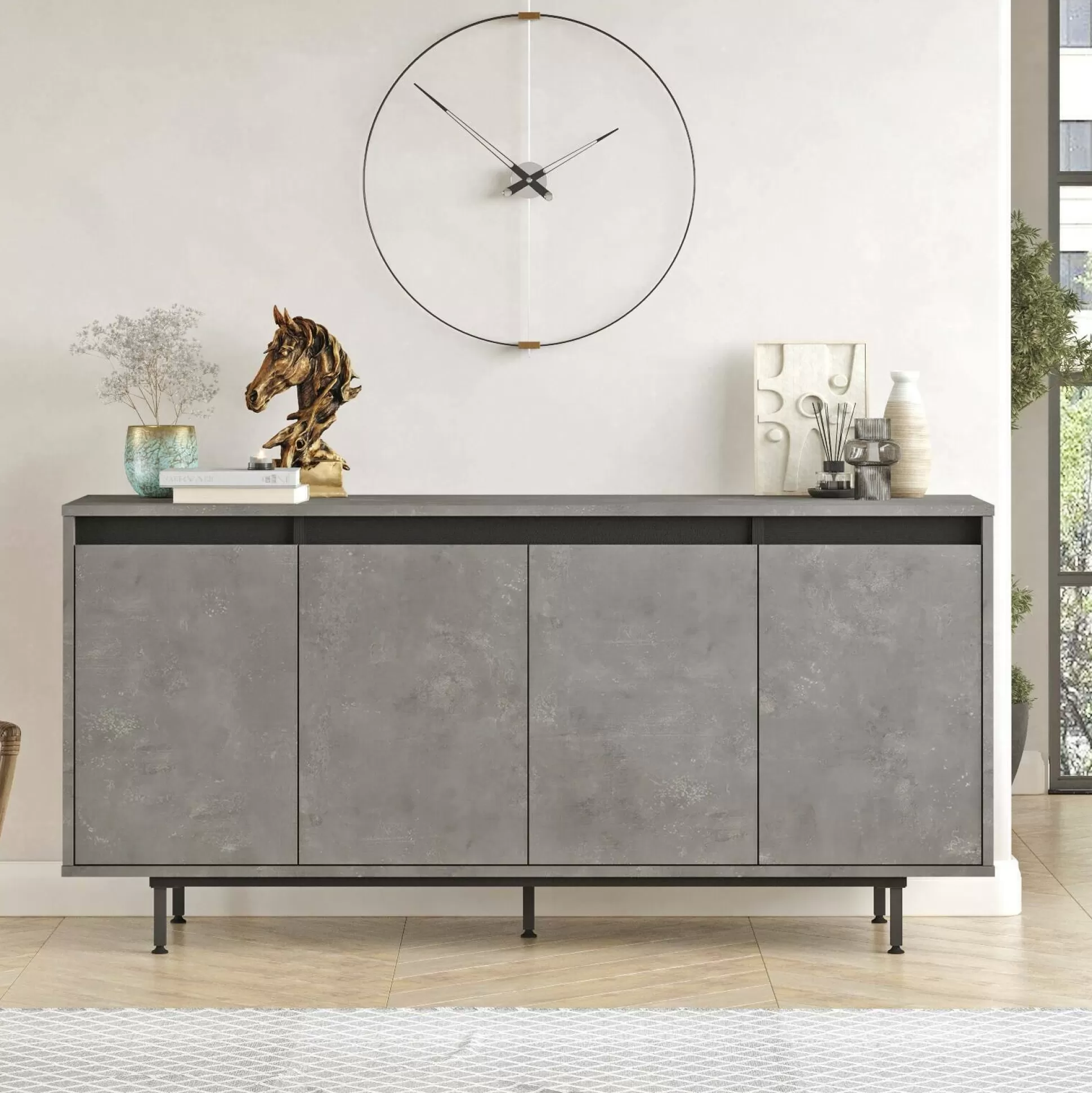 Dmora Credenze<Credenza Kay, 160x45 h76 cm, Grigio e Nero