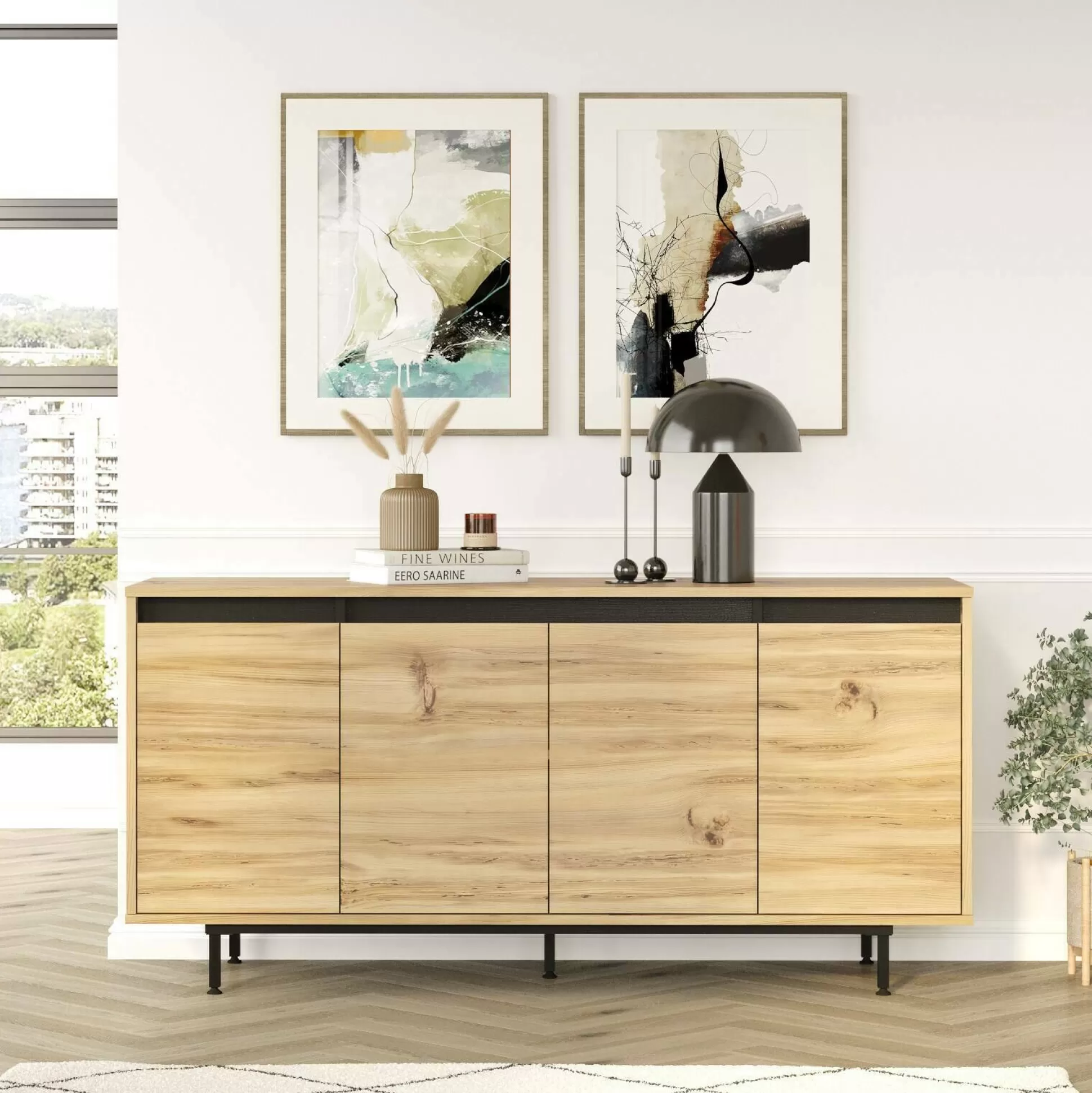 Dmora Credenze<Credenza Kay, 160x45 h76 cm, Quercia e Nero