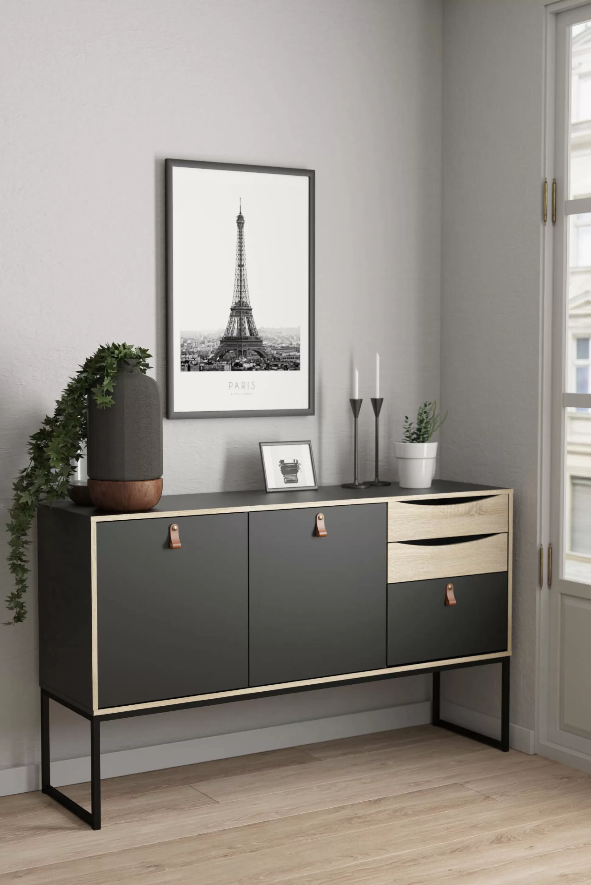 Dmora Credenze<Credenza Khan, 40x147 h87 cm, Nero e Quercia