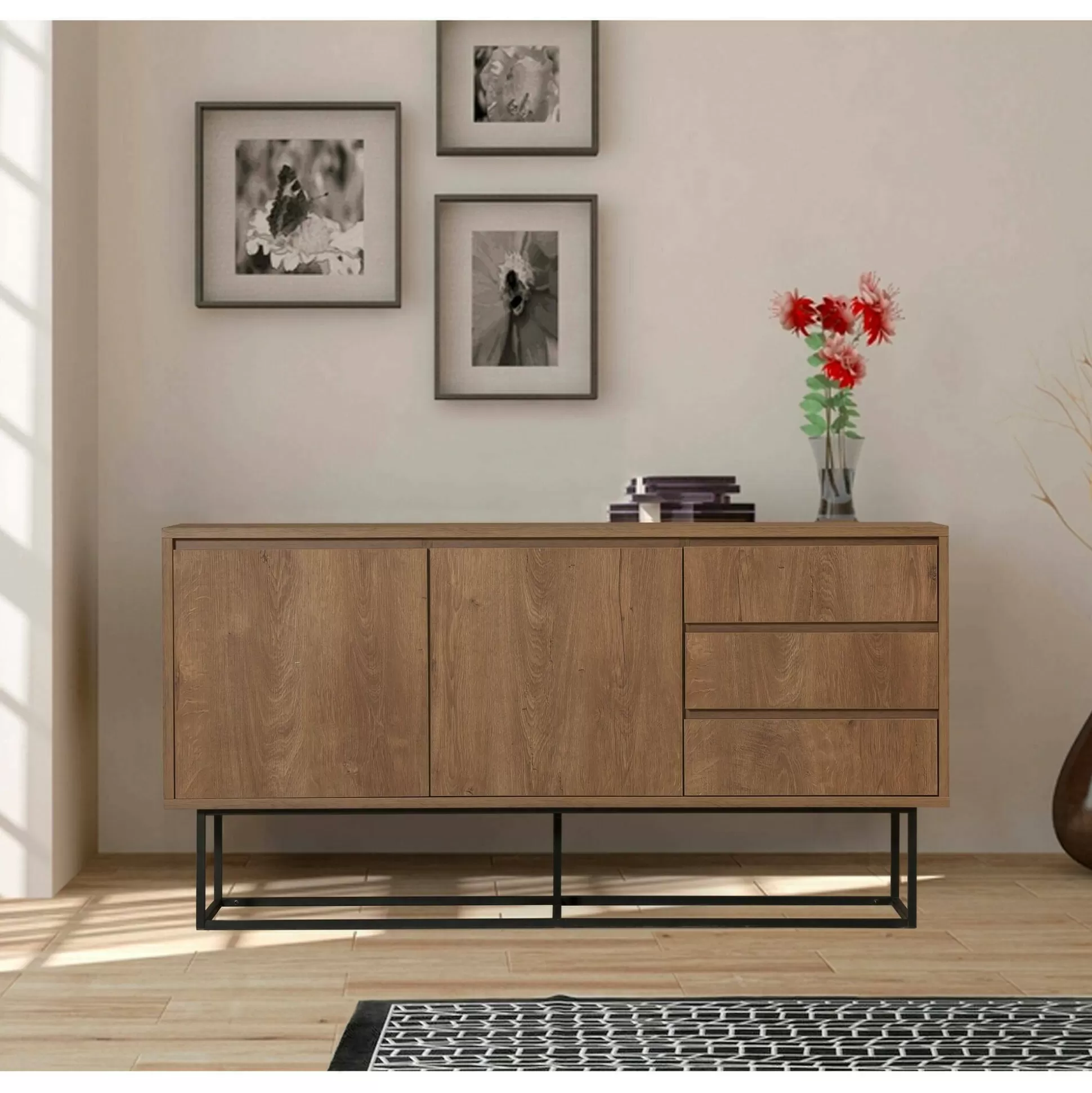 Dmora Credenze<Credenza Kuwait, 140x36h72 cm, Noce e Nero