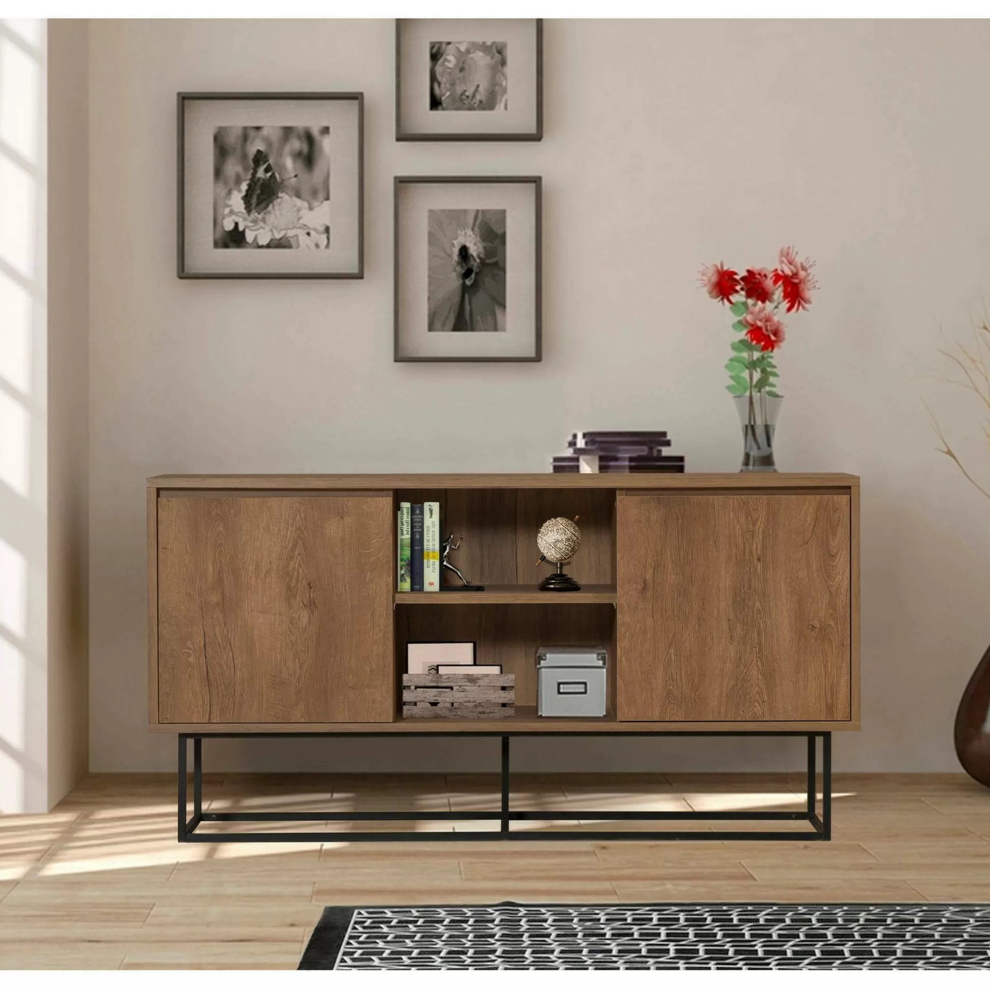 Dmora Credenze<Credenza Levante, 140x36h72 cm, Noce e Nero