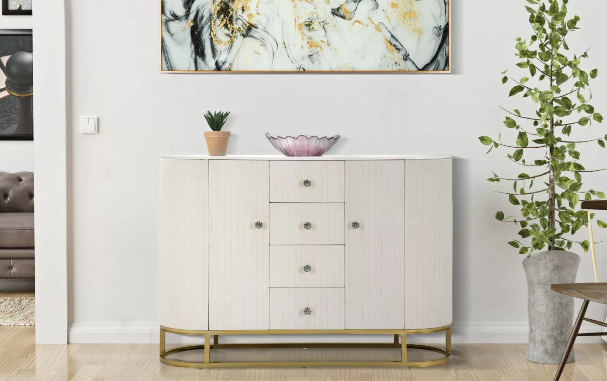 Dmora Credenze<Credenza Lodovico, 120x40 h85 cm, Crema e Bianco