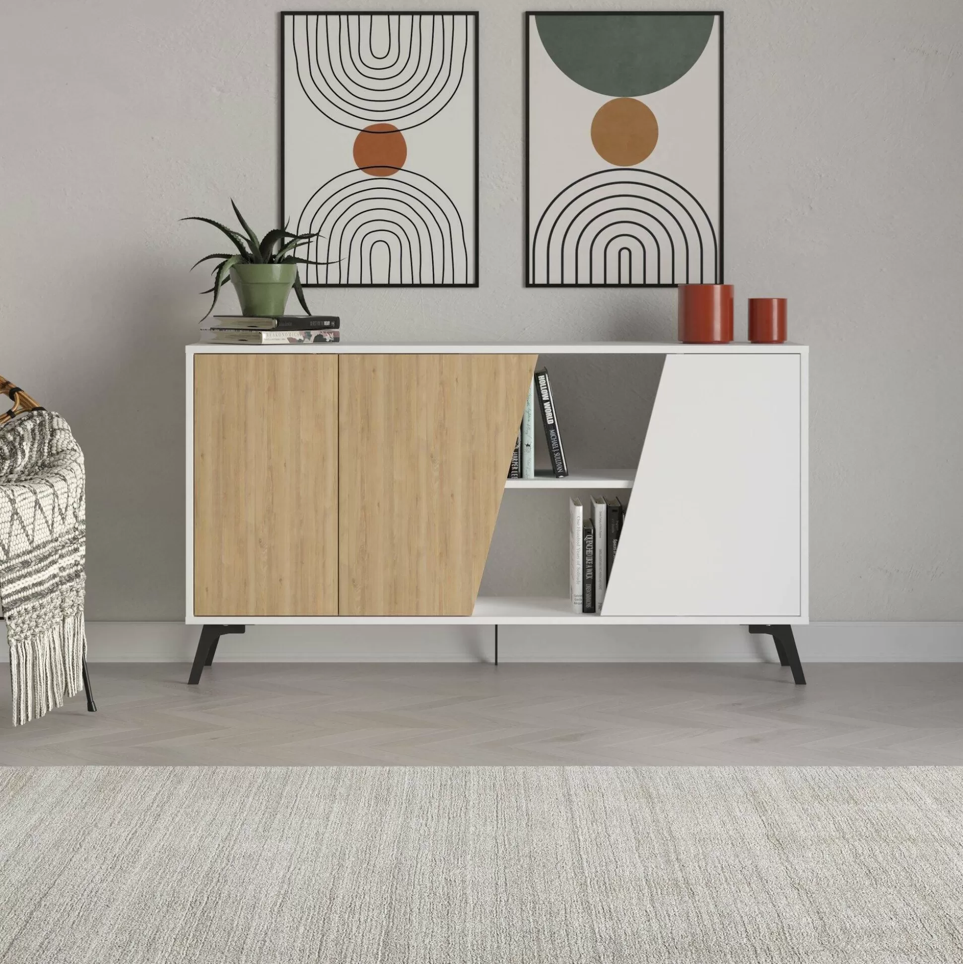 Dmora Credenze<Credenza Margravi, 150x36 h82 cm, Quercia e Bianco