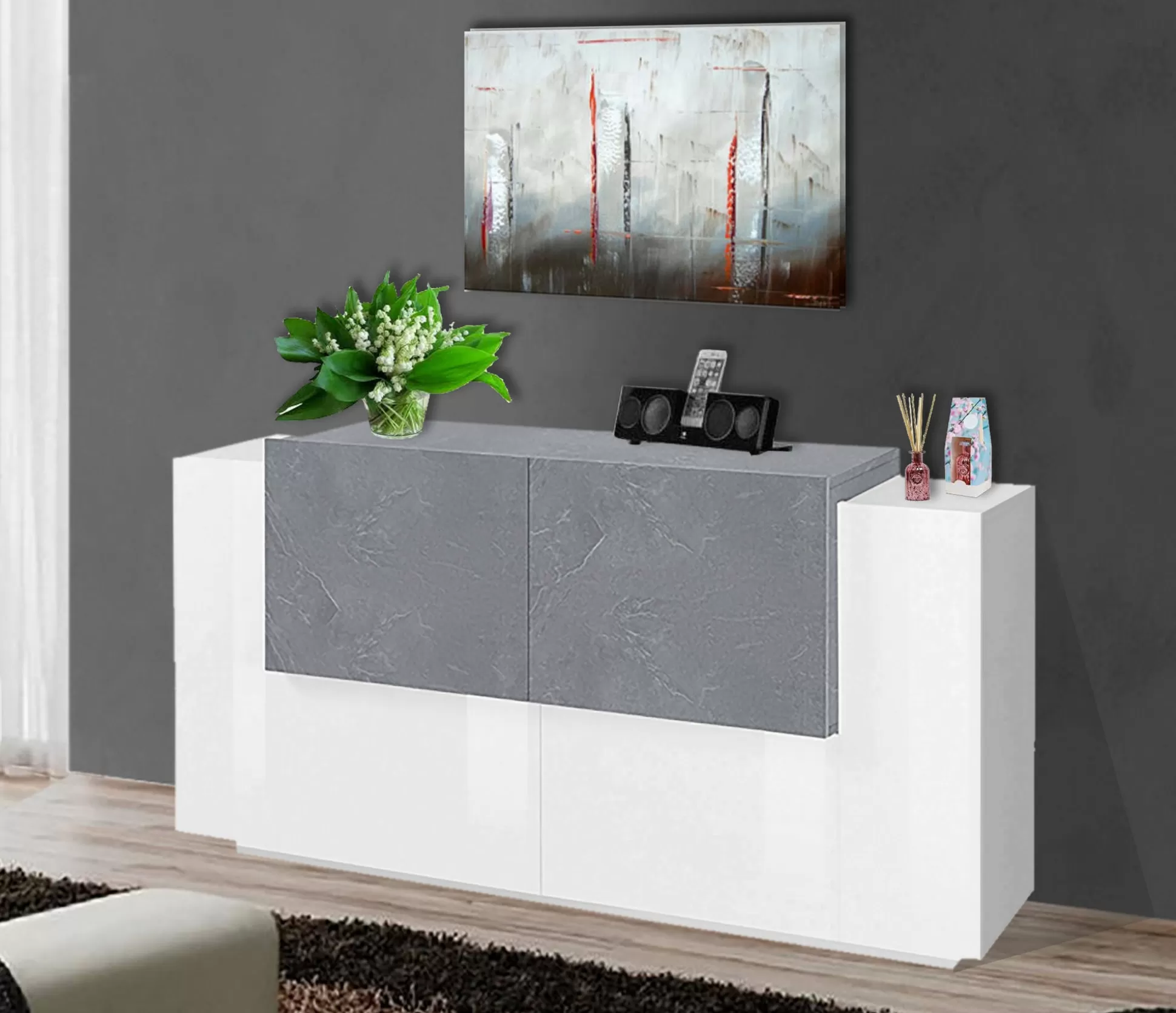 Dmora Credenze<Credenza Muscari, cm 160x45h86, Bianco lucido e Cemento